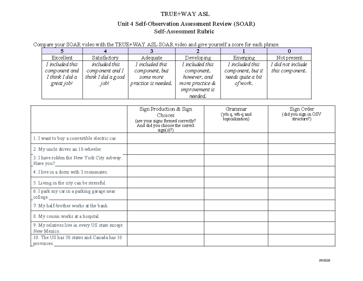 Unit 4 SOAR Student Self-Assessment Rubric - TRUE+WAY ASL Unit 4 Self ...