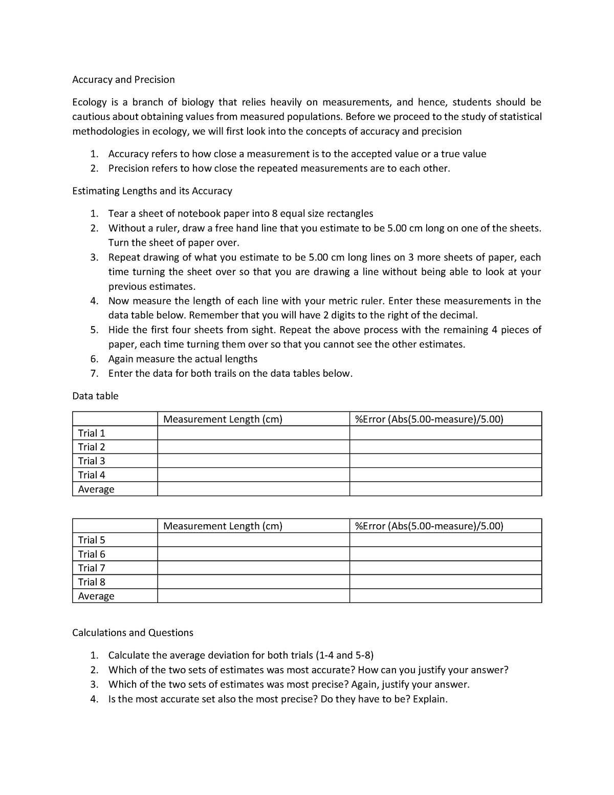 Ecology Laboratory Exercise 1 Basic Statistics And Nature Of Data 