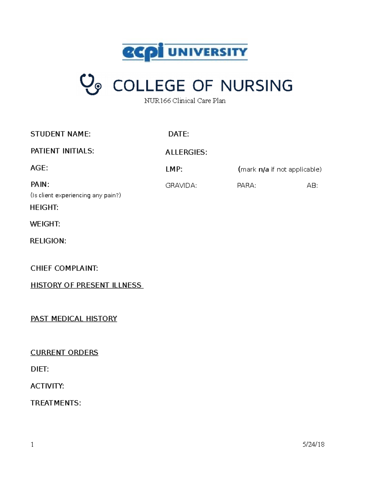 Careplan template NUR166 052418 NUR166 Clinical Care Plan STUDENT