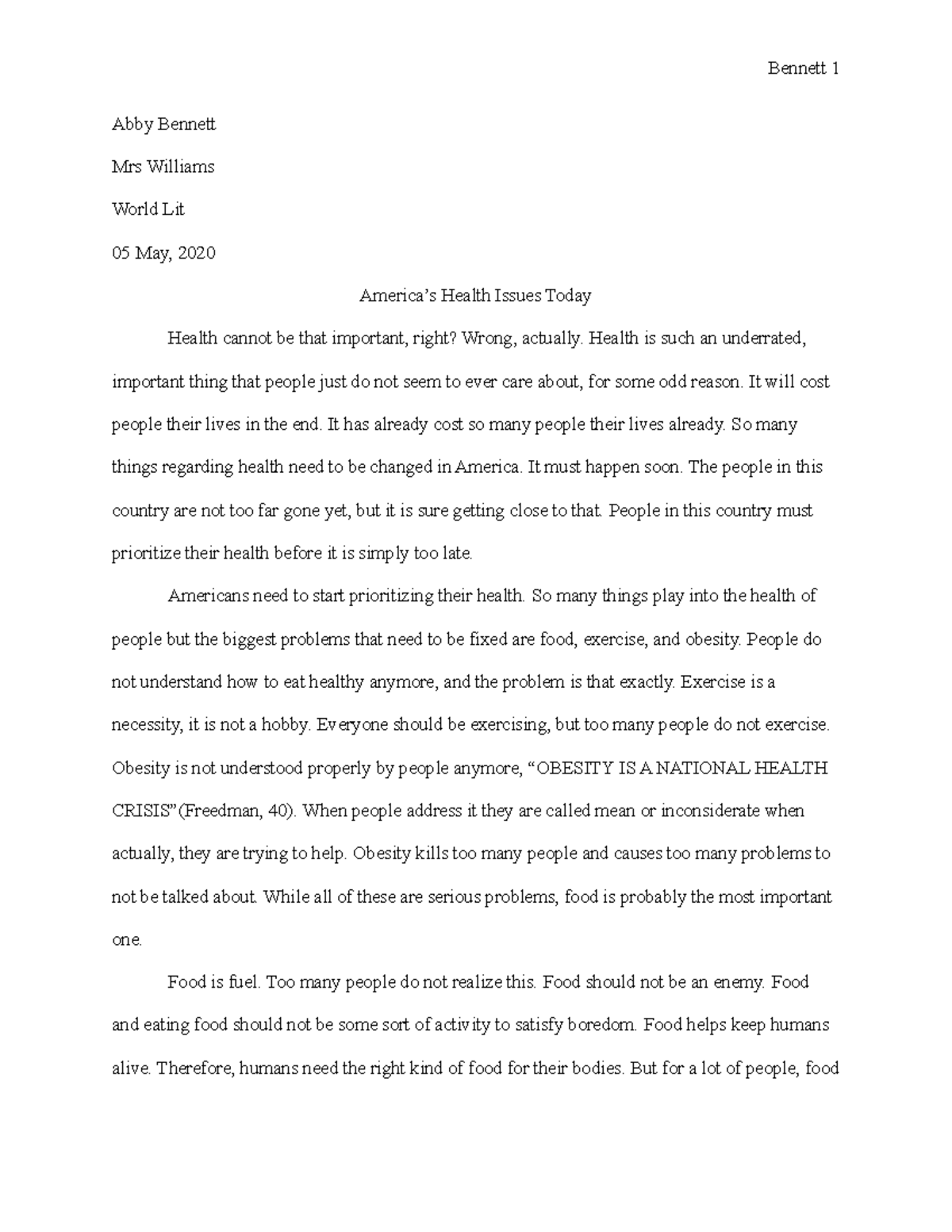 Health Essay - Abby Bennett Mrs Williams World Lit 05 May, 2020 America ...