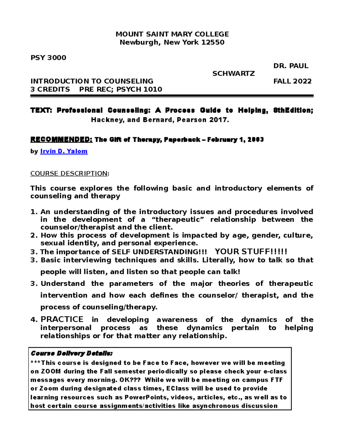 PSY 3000 Prin Tech Counseling FALL 2022 MOUNT SAINT MARY COLLEGE