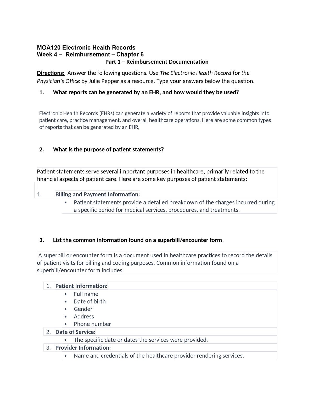 Week 4 Assignment Reimbursement Worksheet - MOA120 Electronic Health ...