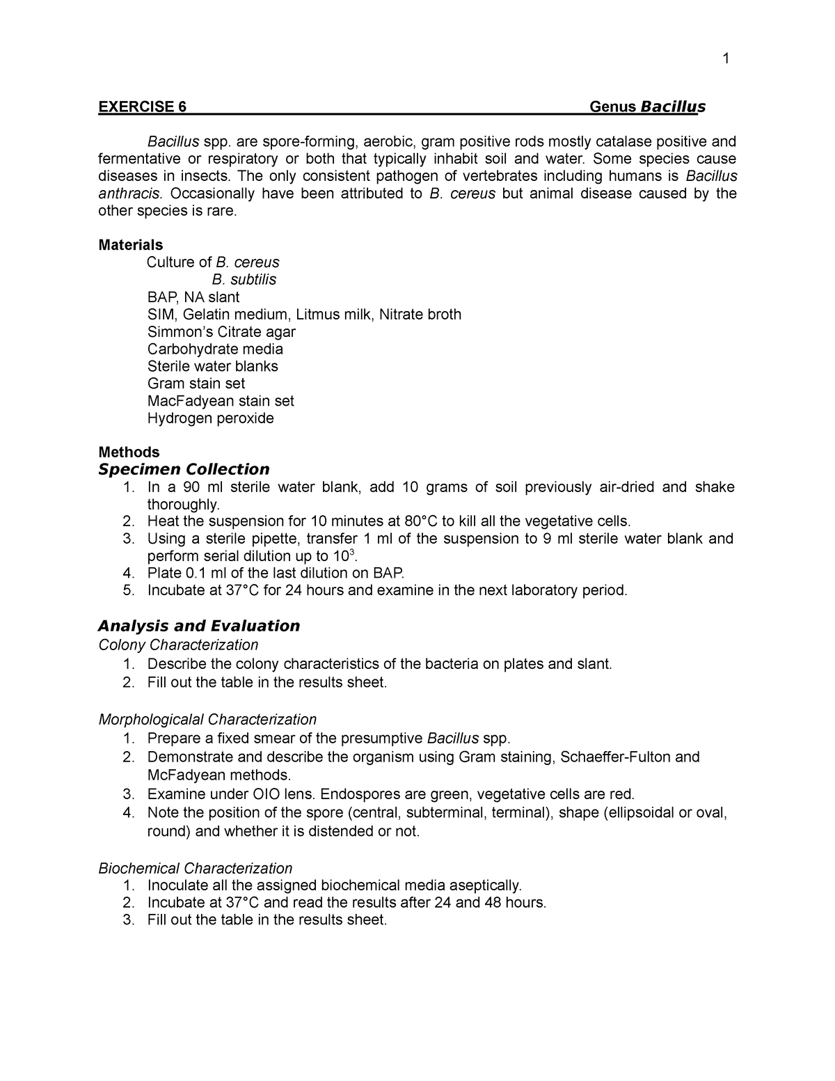 Cornybacterium laboratory activity - EXERCISE 6 Genus Bacillus Bacillus ...