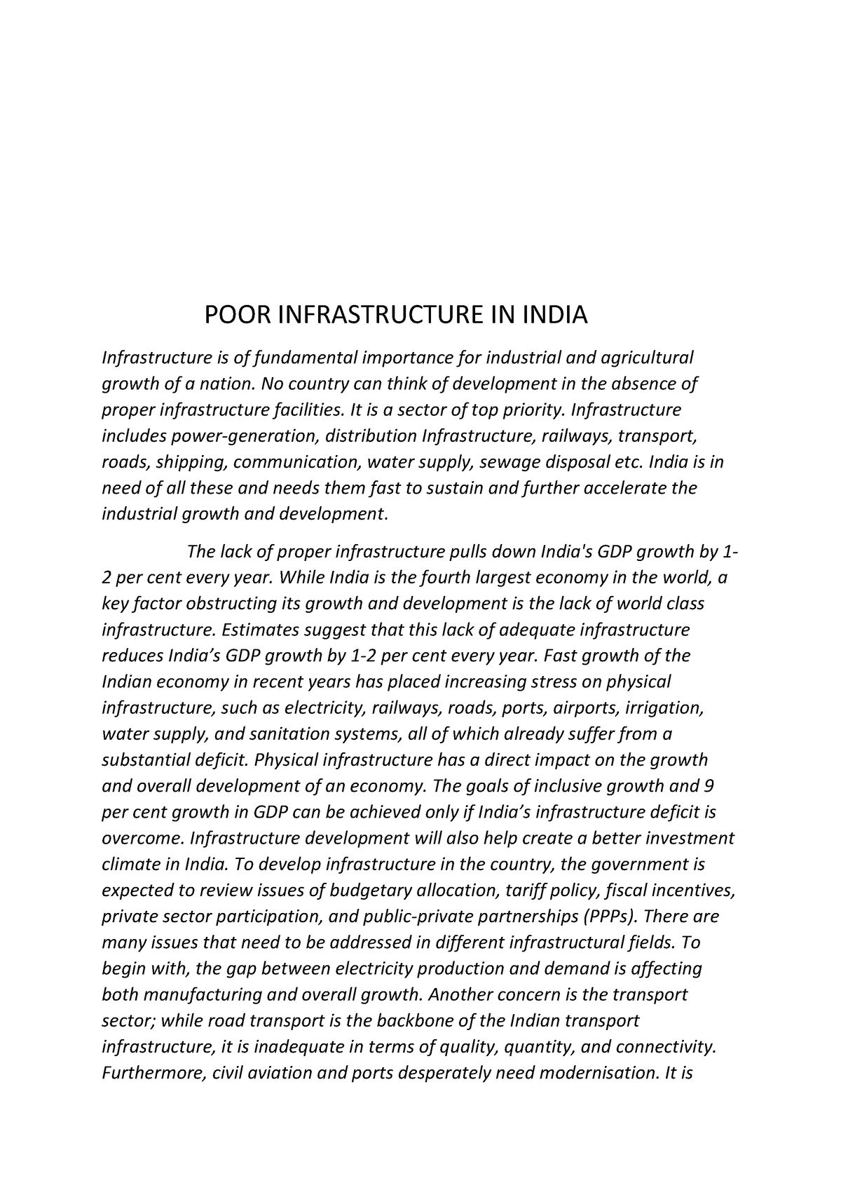 essay on poor infrastructure in india