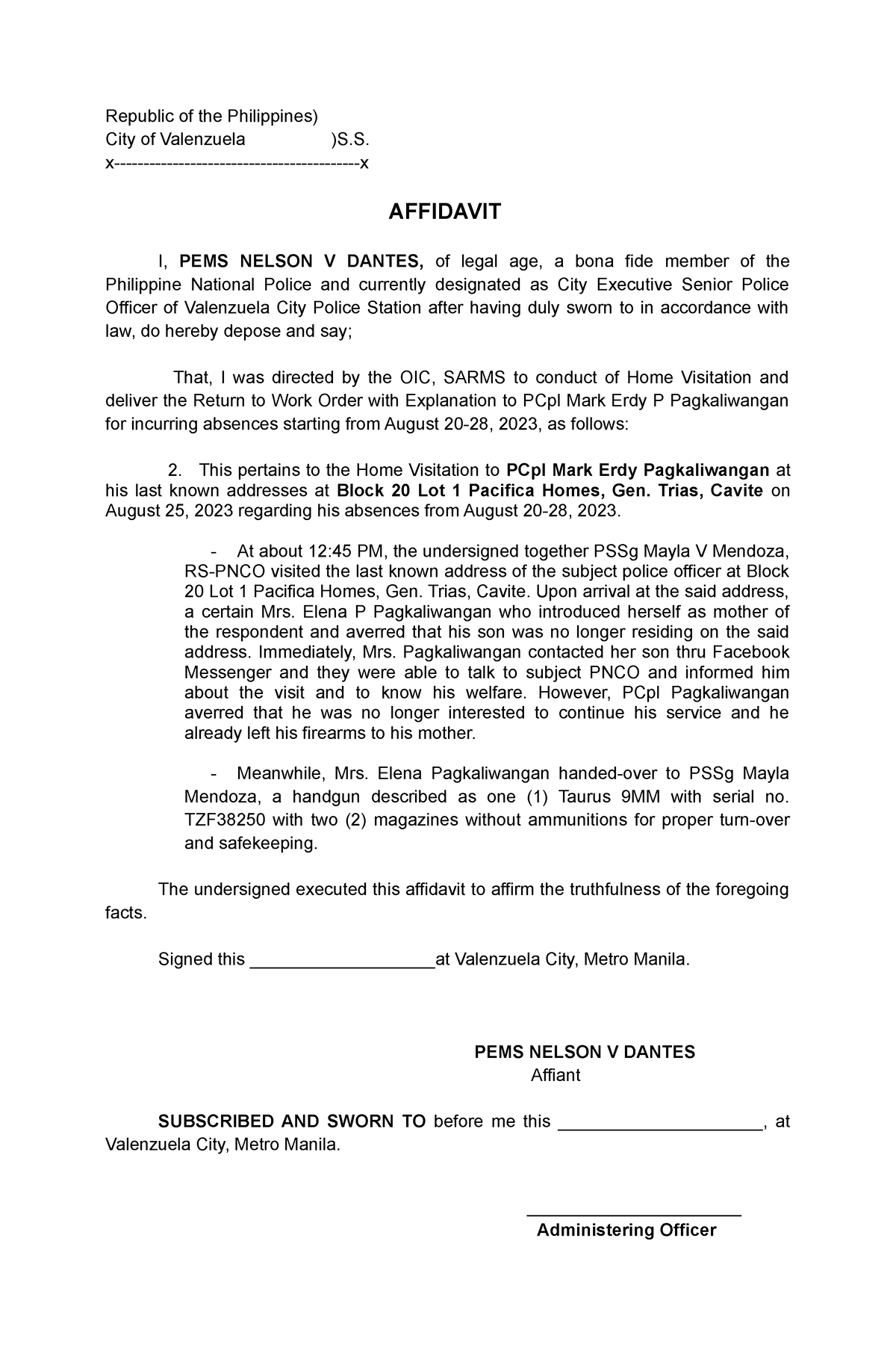 Affidavit Sespo - City of Valenzuela )S. x-x AFFIDAVIT I, PEMS NELSON V ...