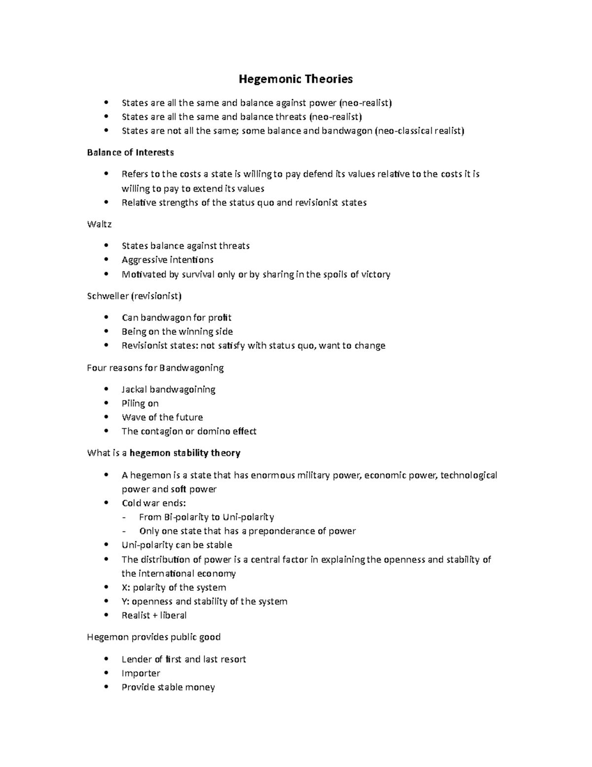 Week6 - notes - Hegemonic Theories States are all the same and balance ...