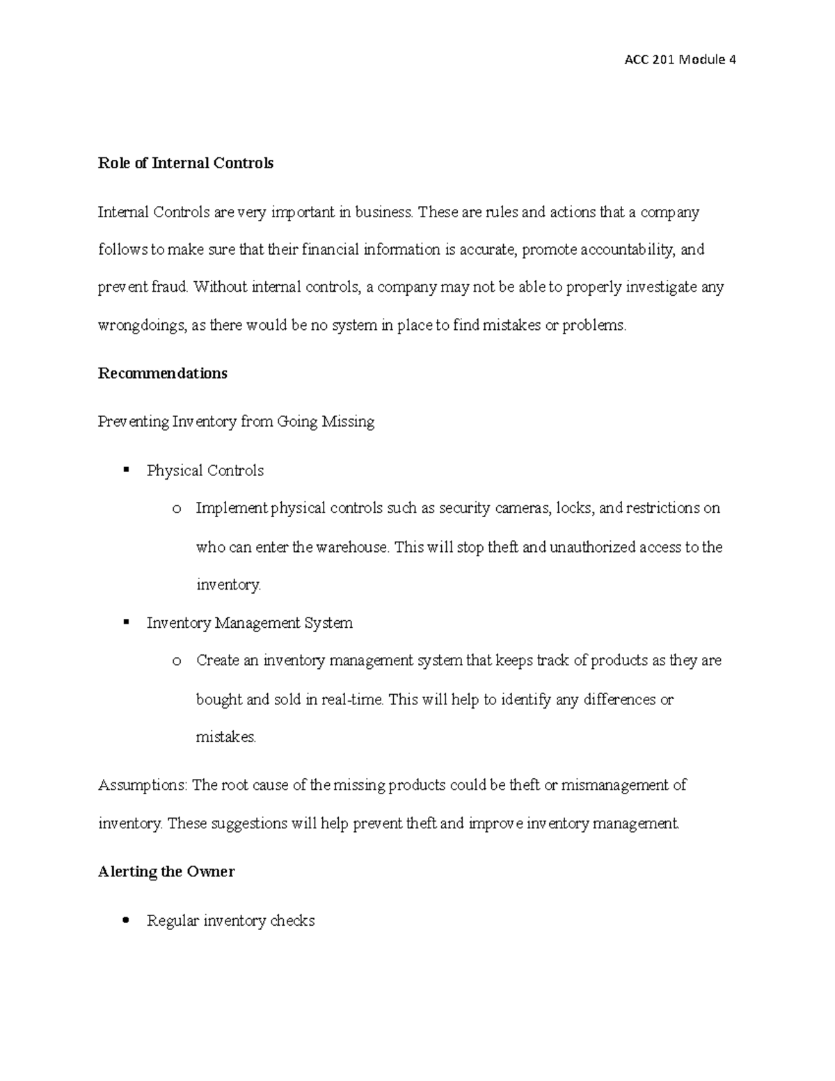 Internal Control Assignment - Module 4 - ACC 201 Module 4 Role of ...