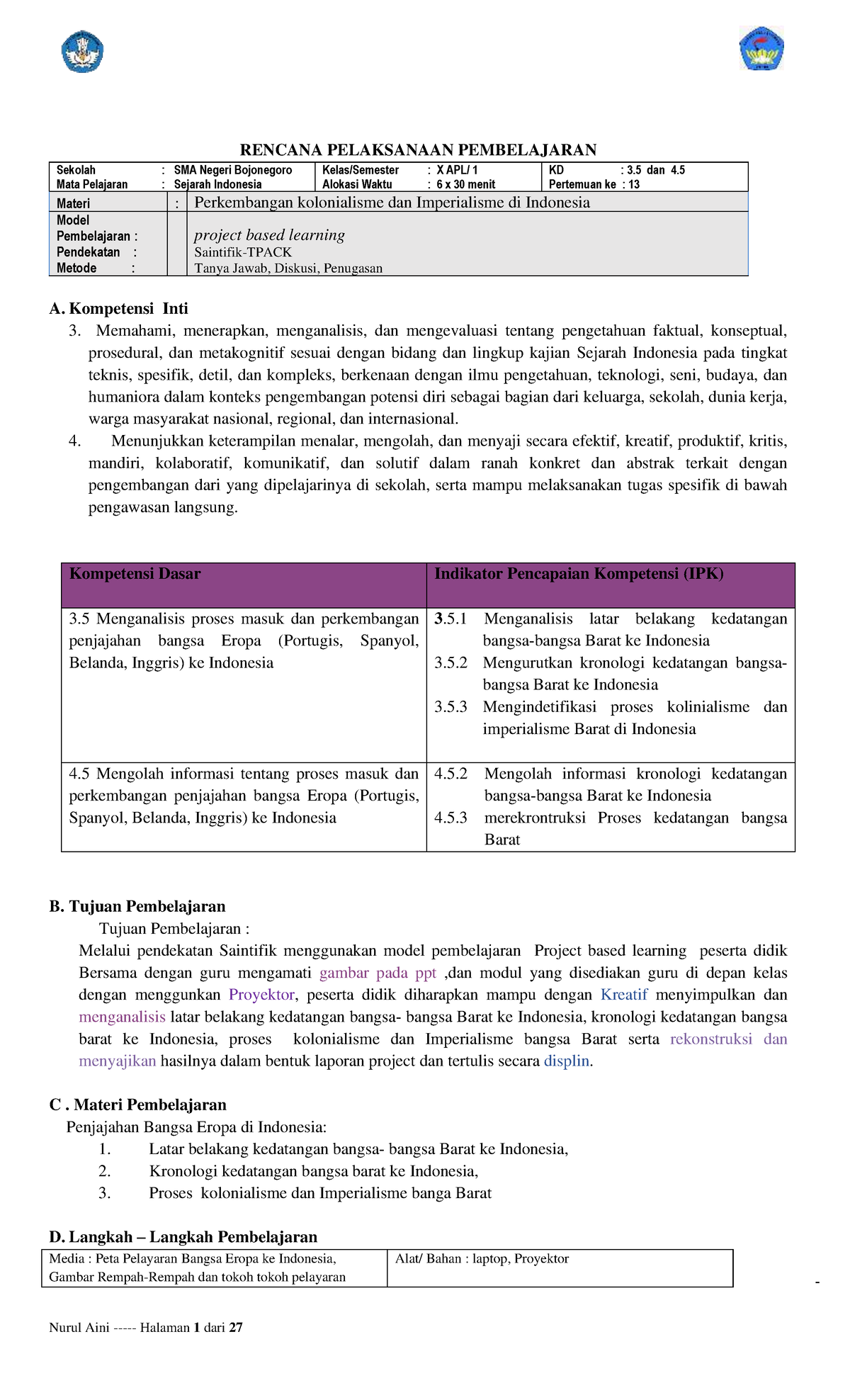RPP 1 Luring - RENCANA PELAKSANAAN PEMBELAJARAN Sekolah : SMA Negeri ...