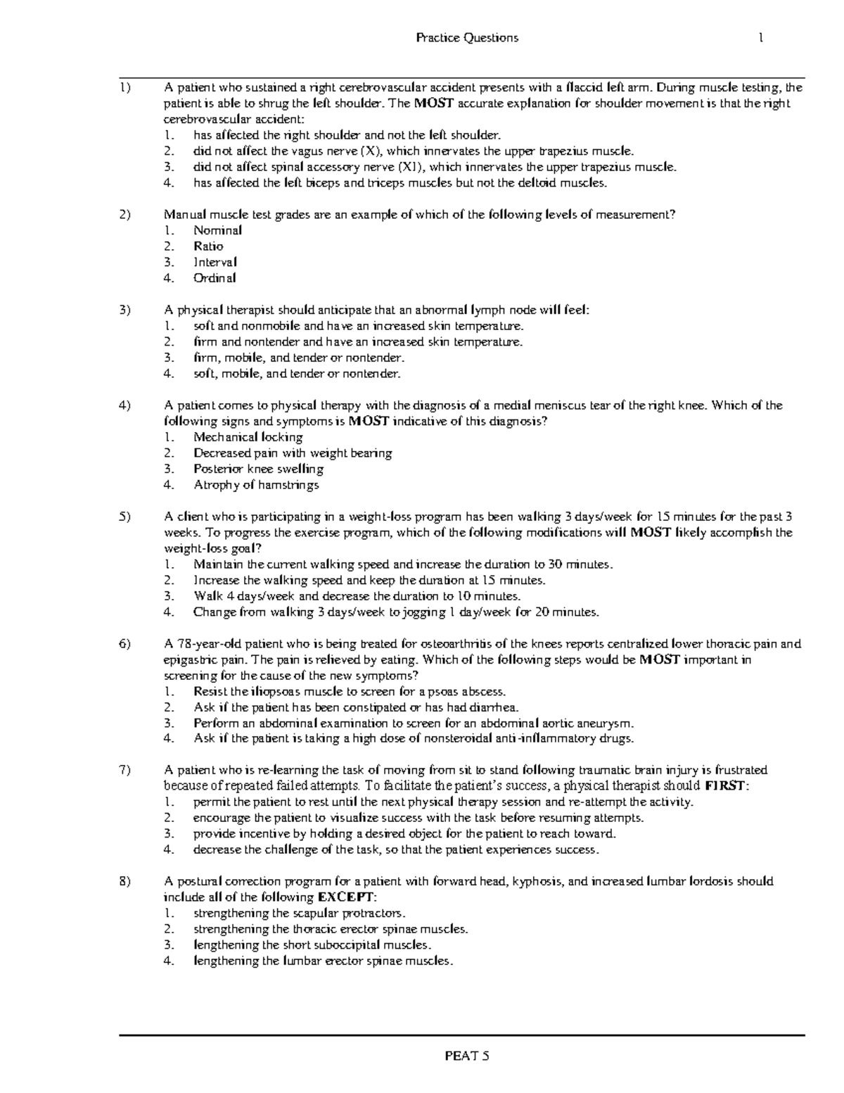 PEAT 507 Sullivan A practice questions - Physiotherapy - Studocu