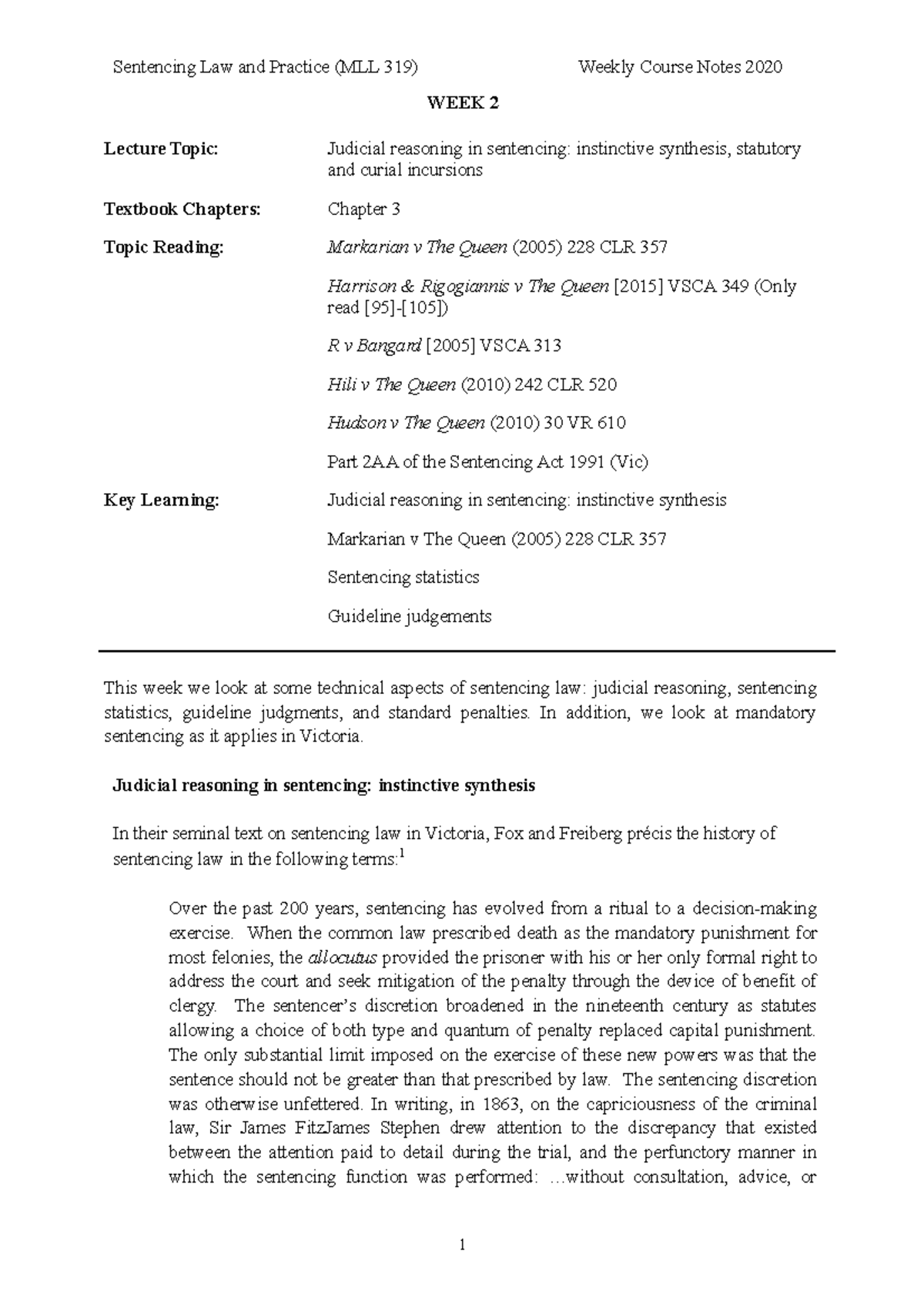 Sentencing Notes - Week 2 - Sentencing Law and Practice (MLL 319 ...