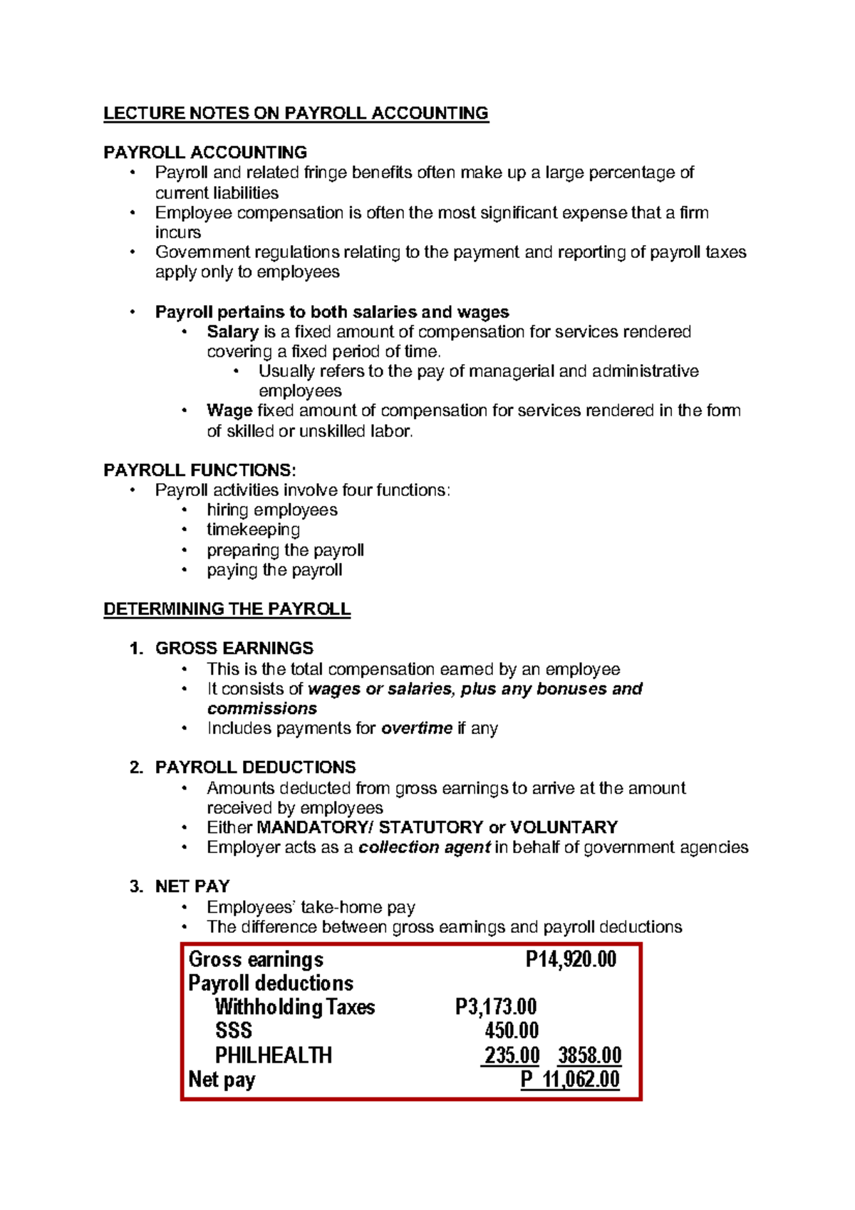 Lecture Notes ON Payroll Accounting LECTURE NOTES ON PAYROLL