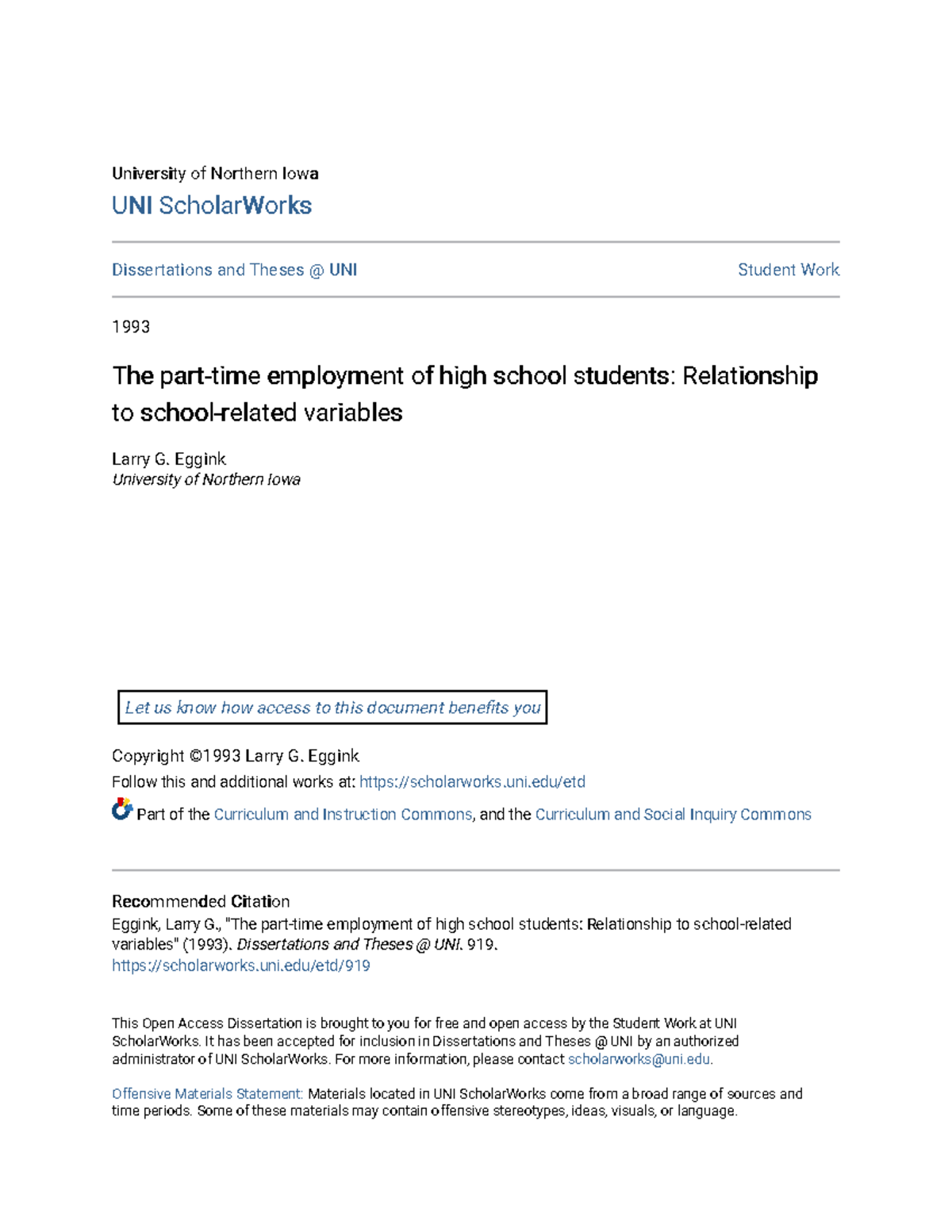 The part-time employment of high school students Relationship to ...