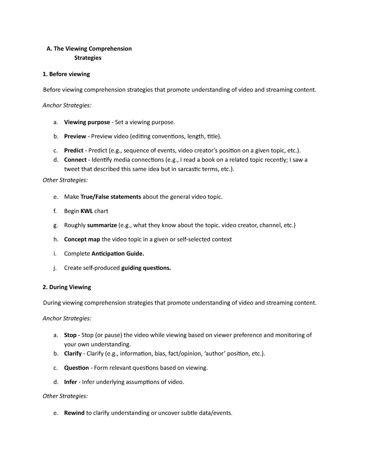 The Viewing Comprehension Strategies A The Viewing Comprehension 