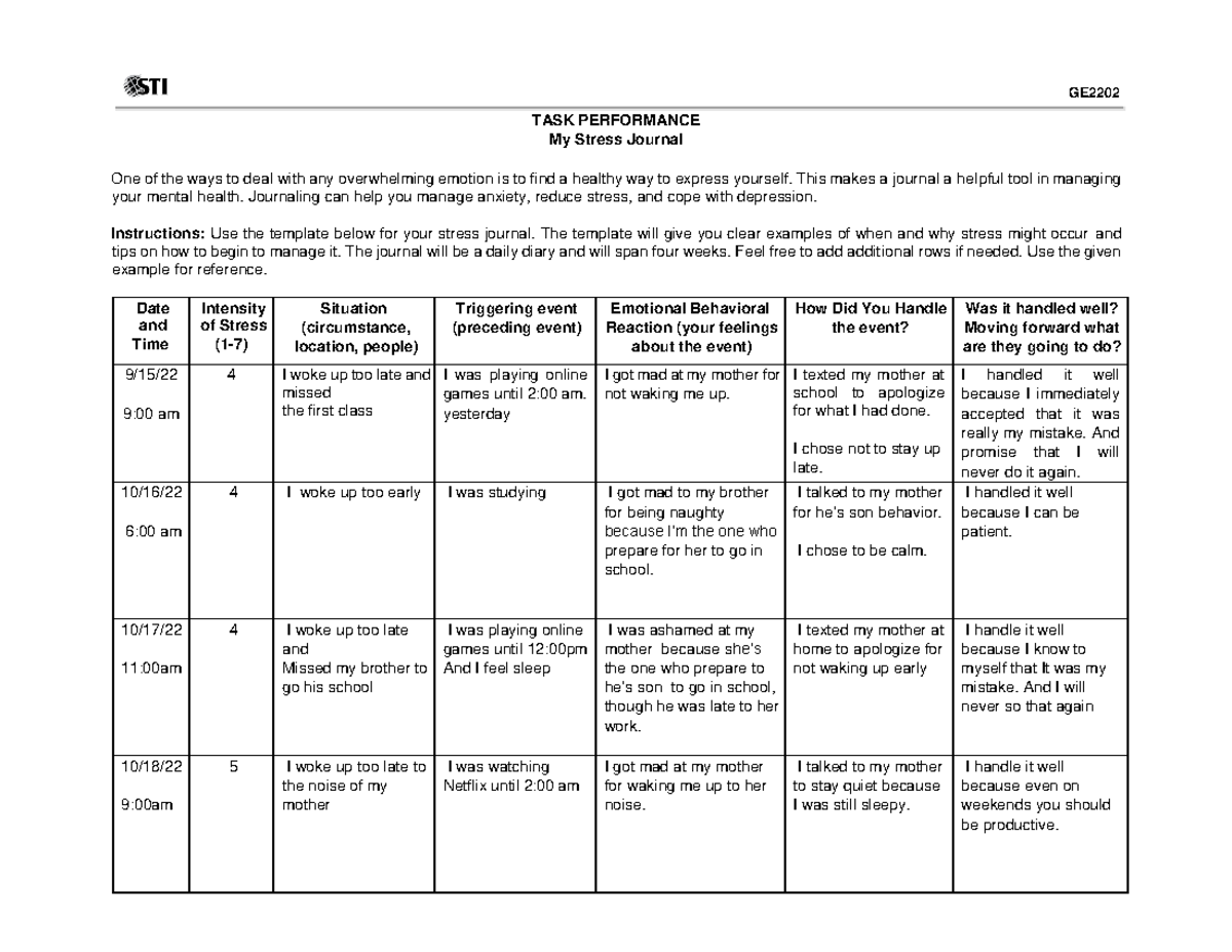 Euthenics task performance 1 - TASK PERFORMANCE My Stress Journal One ...