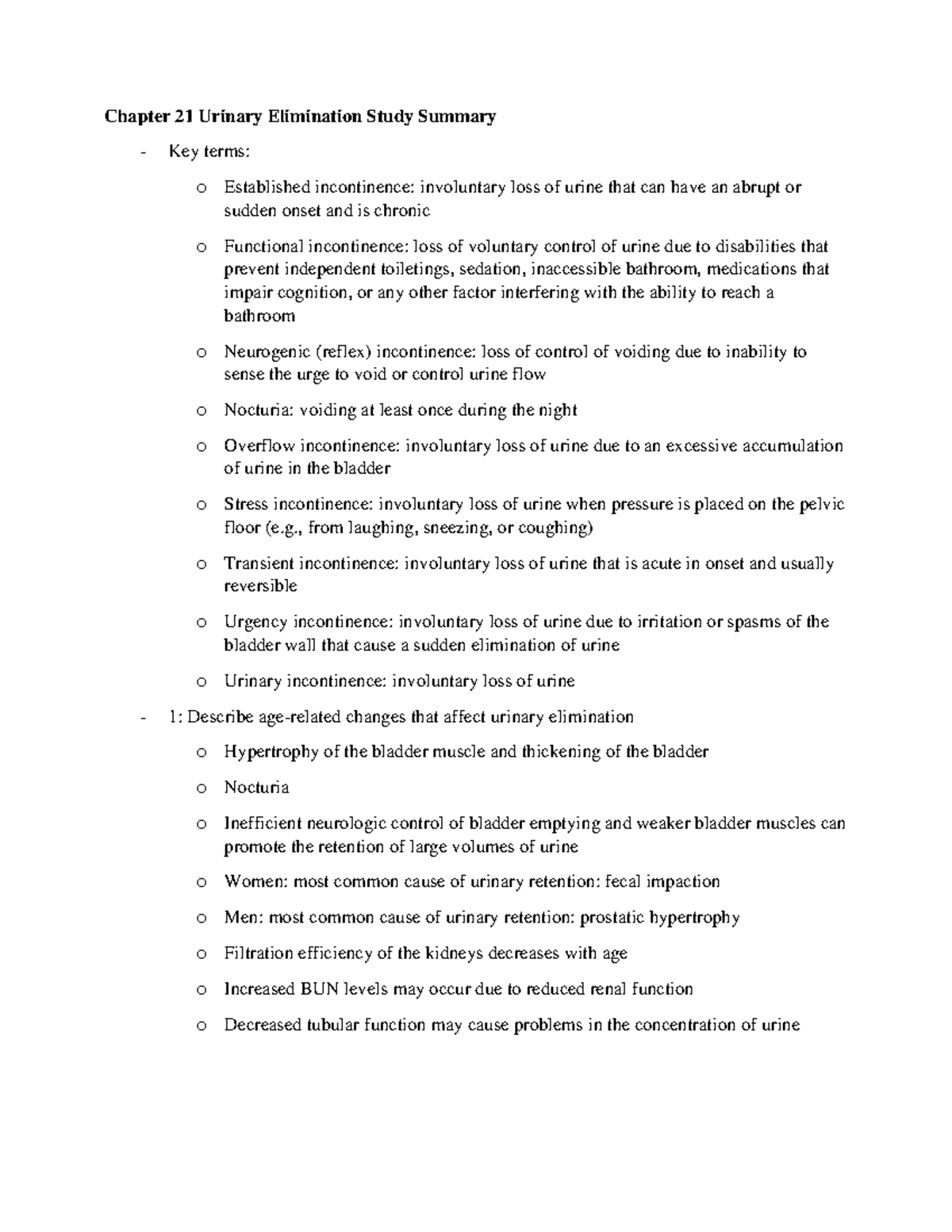 Urinary Elimination Study Summary - Studocu