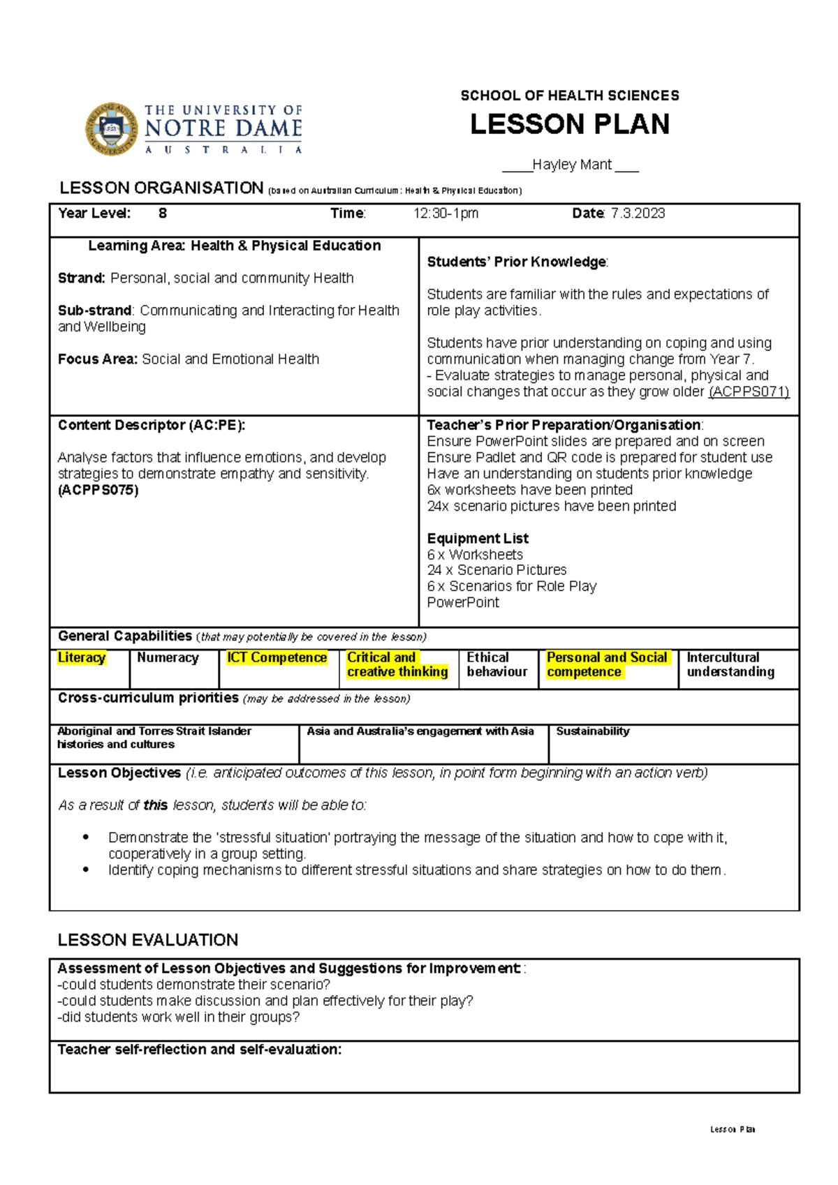 Lesson Plan w Gab - SCHOOL OF HEALTH SCIENCES LESSON PLAN ____Hayley ...