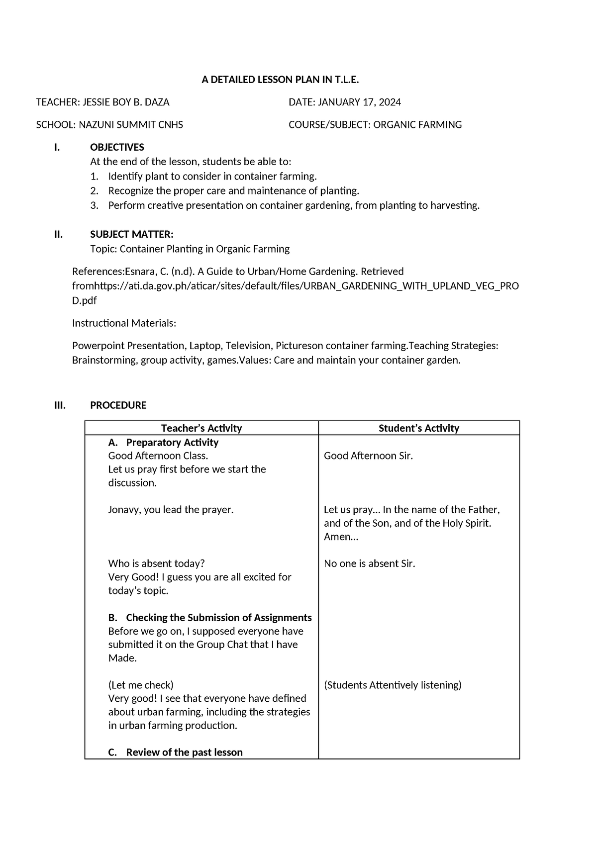 A Detailed Lesson PLAN IN TLE 2024 - A DETAILED LESSON PLAN IN T.L ...