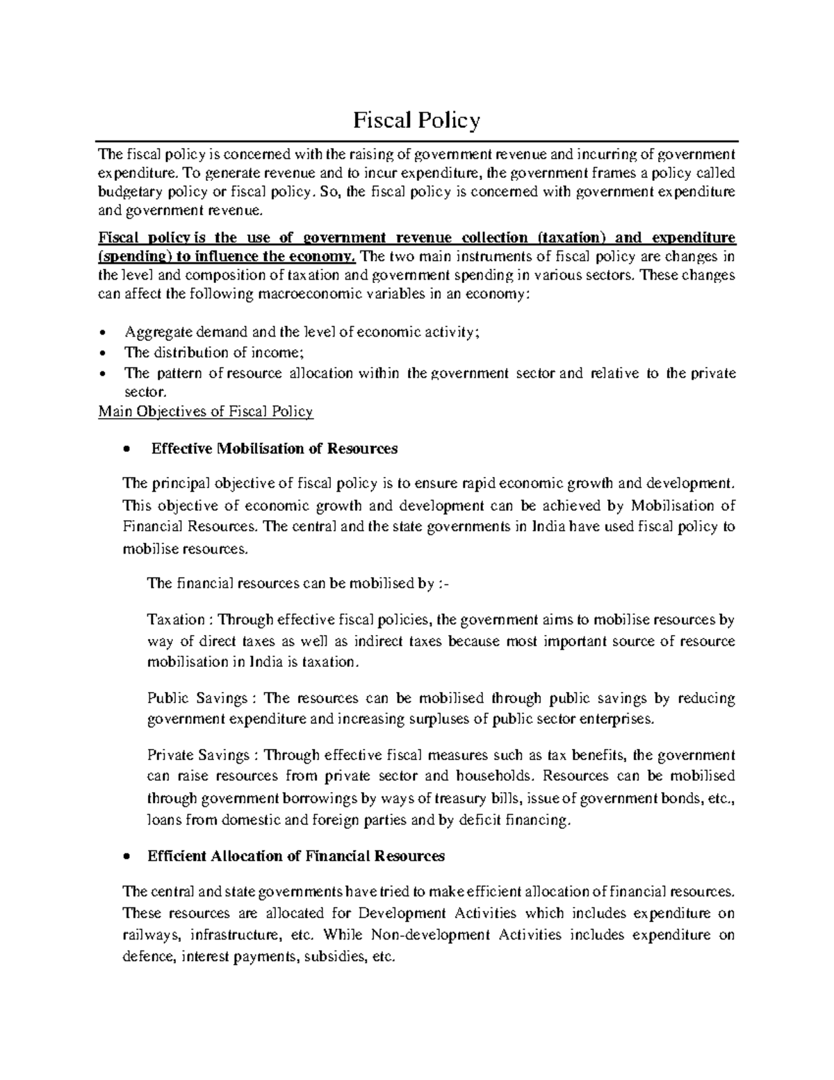 Fiscal Policy - Notes - Fiscal Policy The fiscal policy is concerned ...