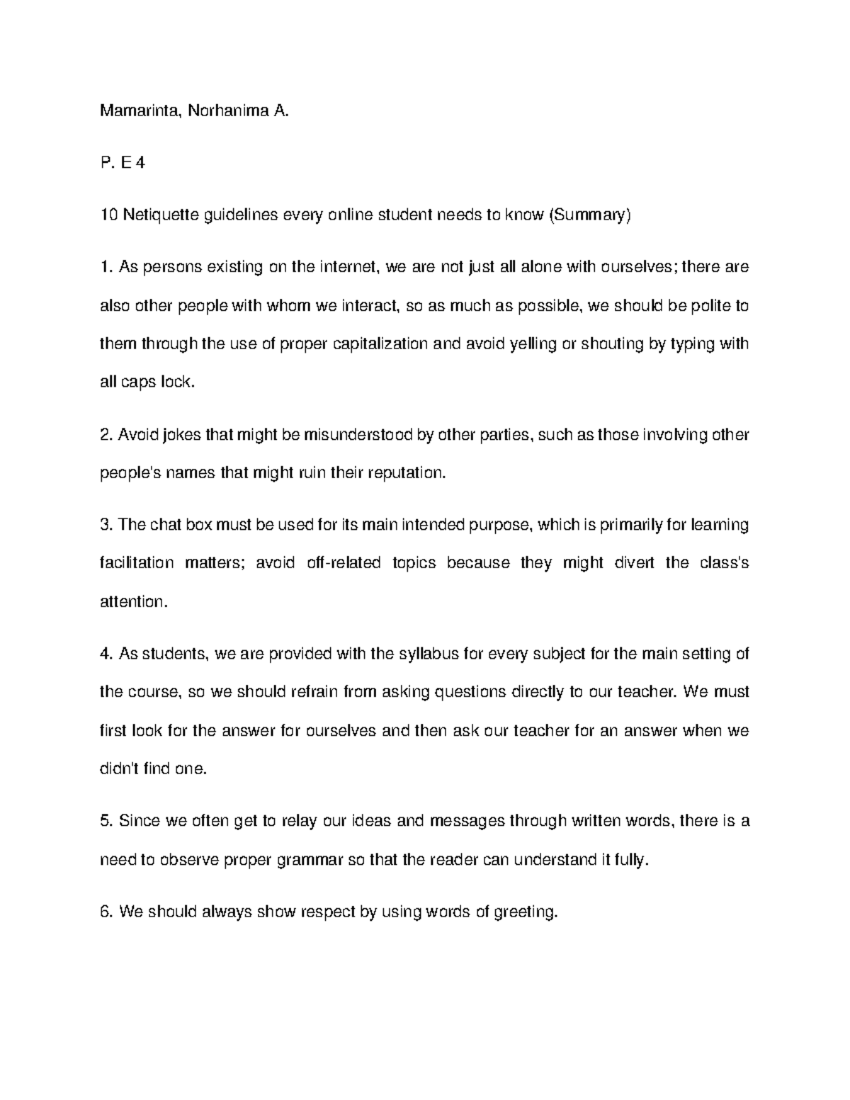 Netiquette Summary - Mamarinta, Norhanima A. P. E 4 10 Netiquette ...