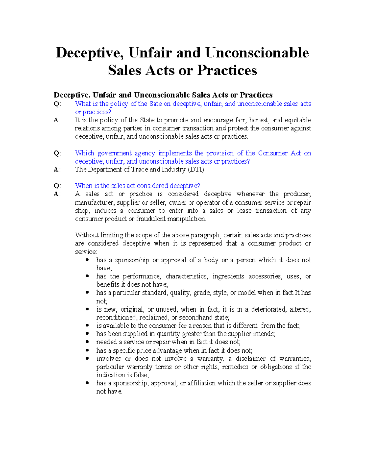 Deceptive Unfair and Unconscionable Sales Acts or Practices - Deceptive ...