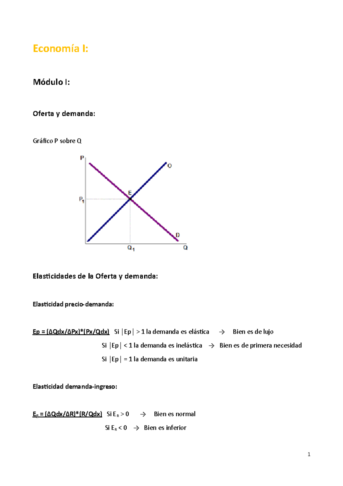 Resumen Primer Parcial ECO 1 - I: I: Oferta Y Demanda: P Sobre Q ...