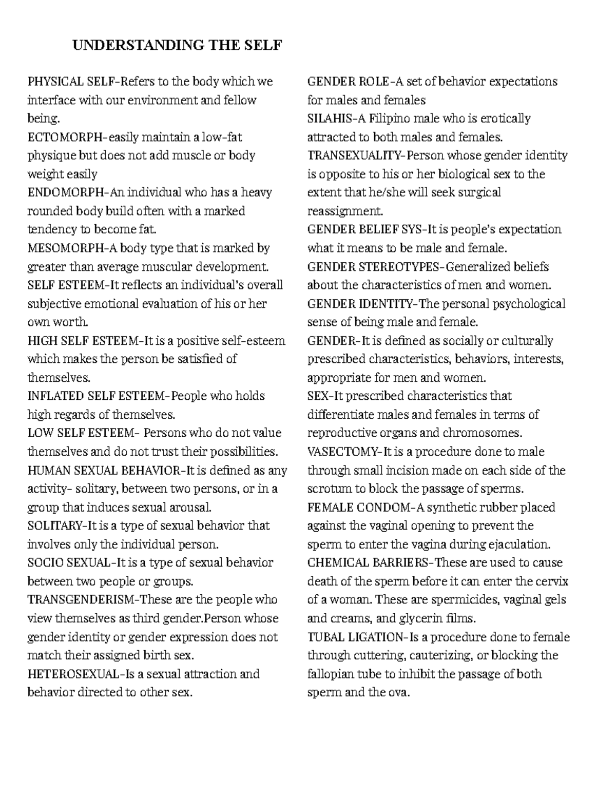 UNDS - Summary Understanding the Self - UNDERSTANDING THE SELF PHYSICAL ...