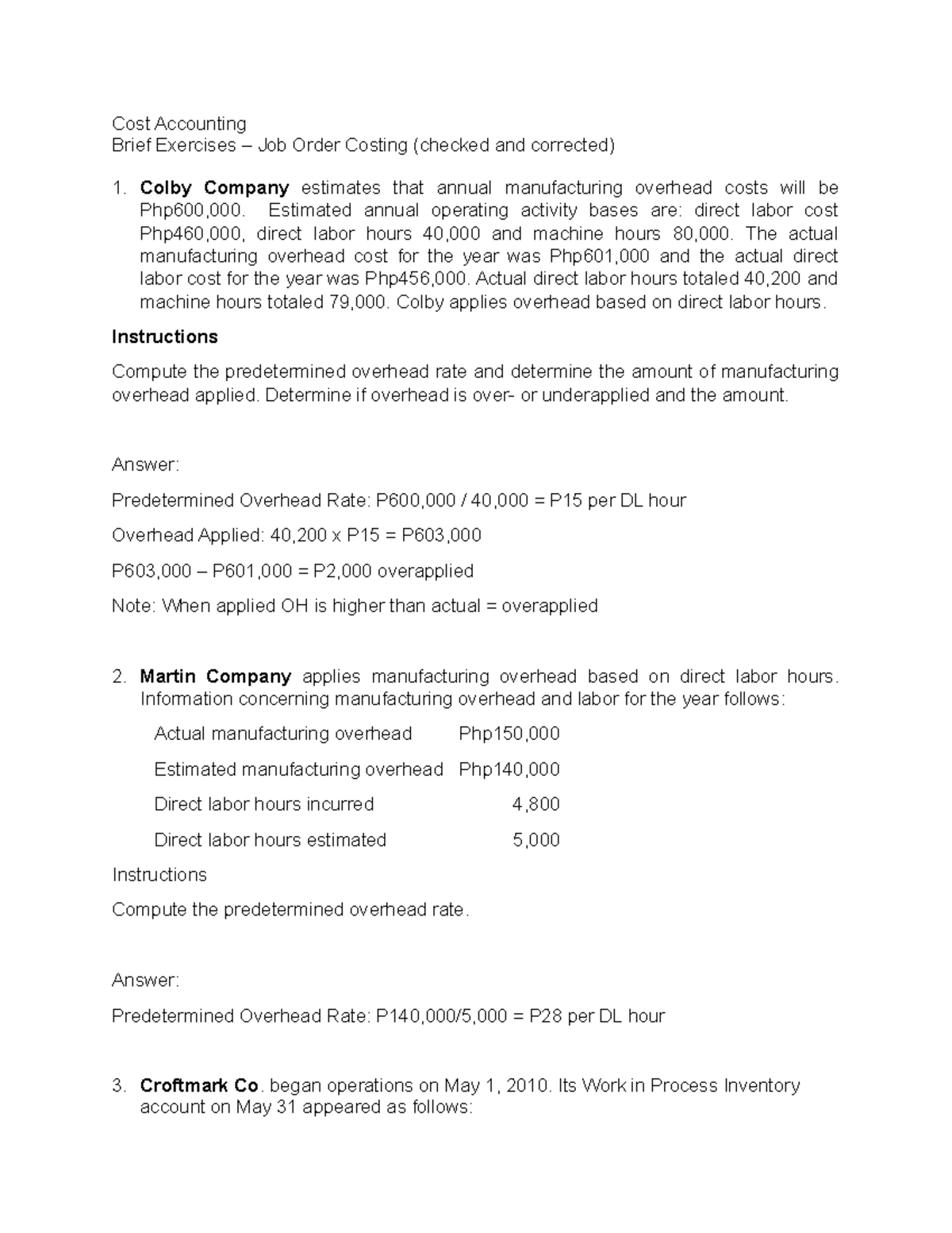 Cost Accounting Job Costing Cost Accounting Brief Exercises Job
