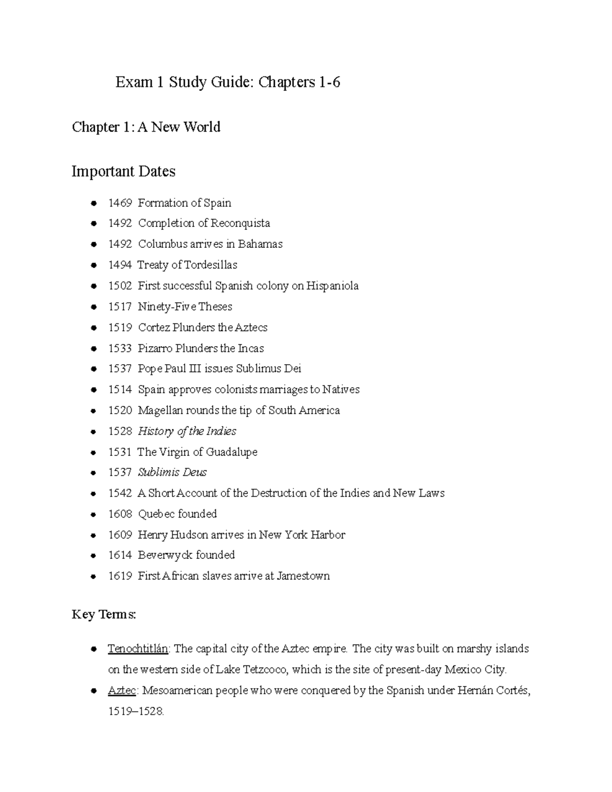 History 103a Exam 1 Review Sheet - Exam 1 Study Guide: Chapters 1 ...