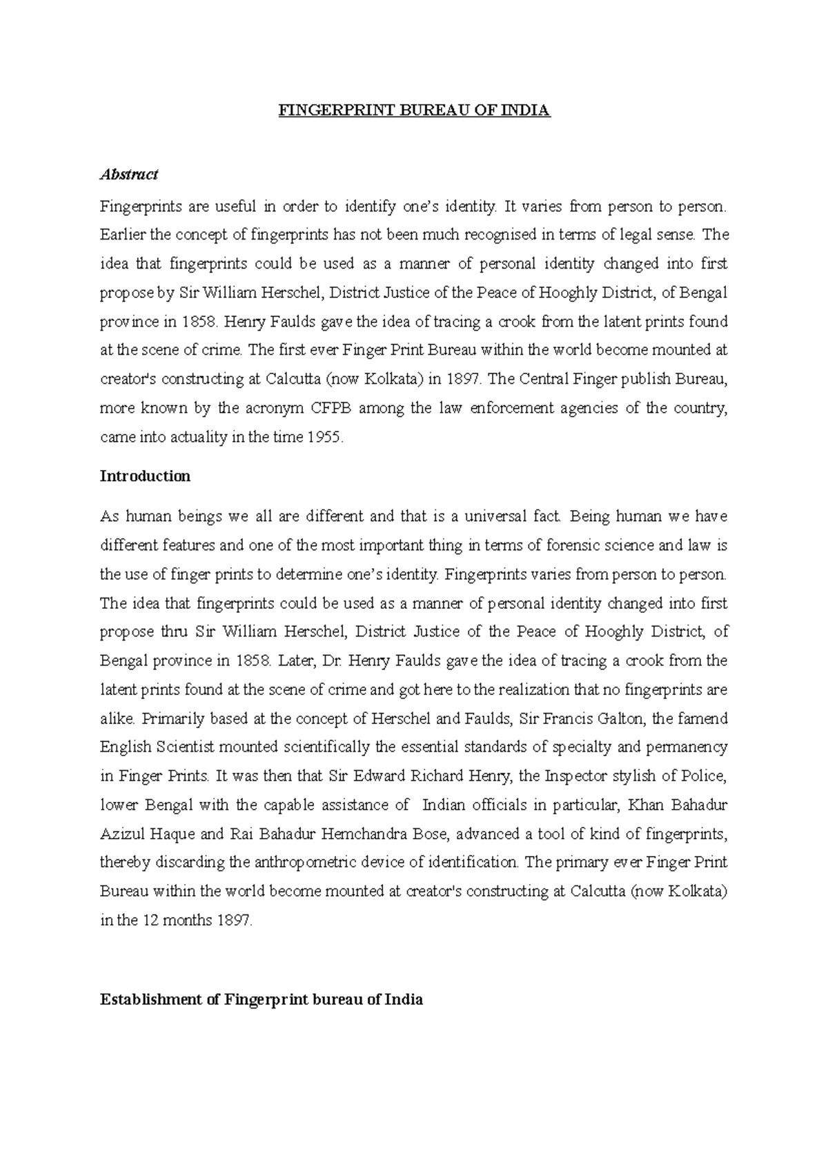 Fingerprint Bureau OF India FINGERPRINT BUREAU OF INDIA Abstract