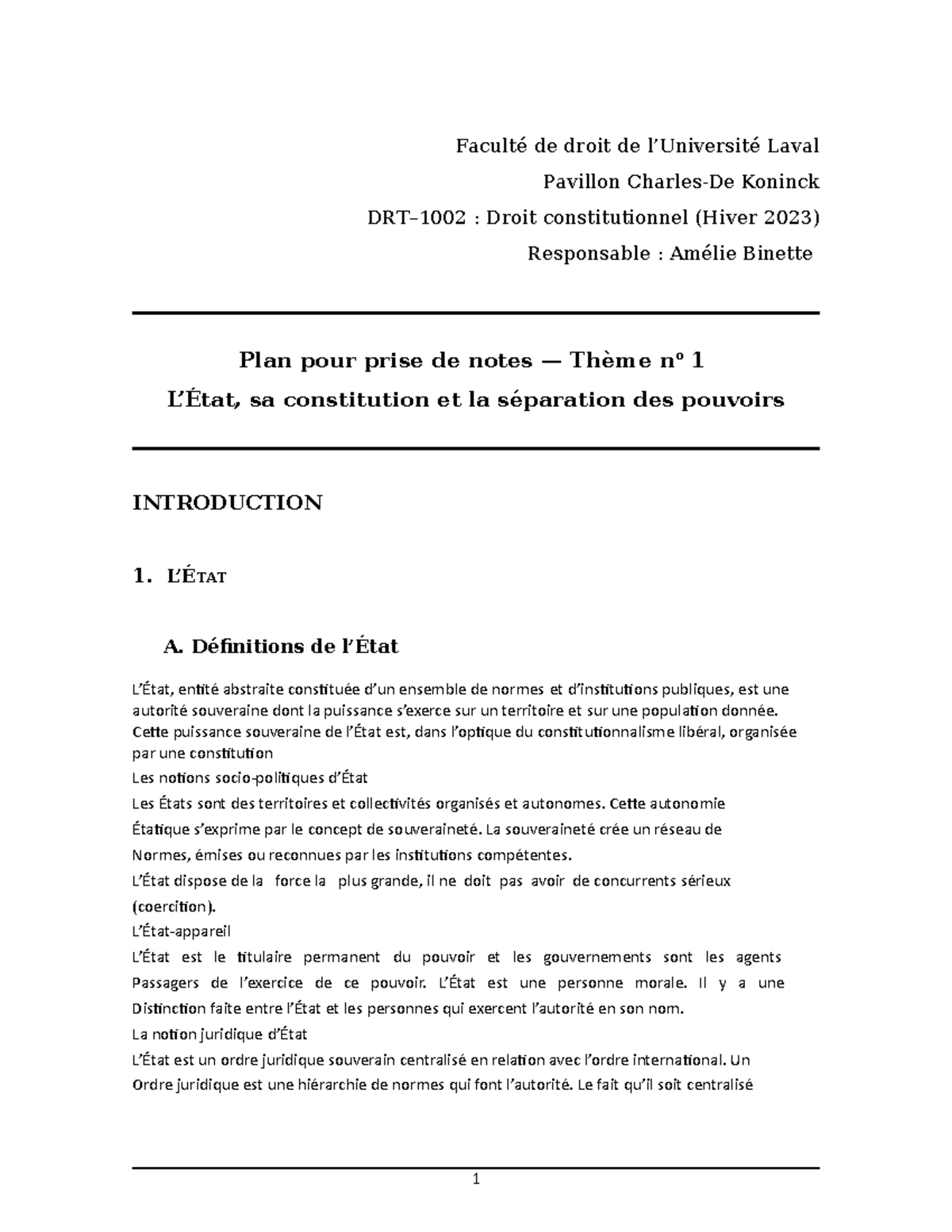 1 Plan État H2023 Droit Constitutionnel Avec Amélie Binette Faculté De Droit De Luniversité