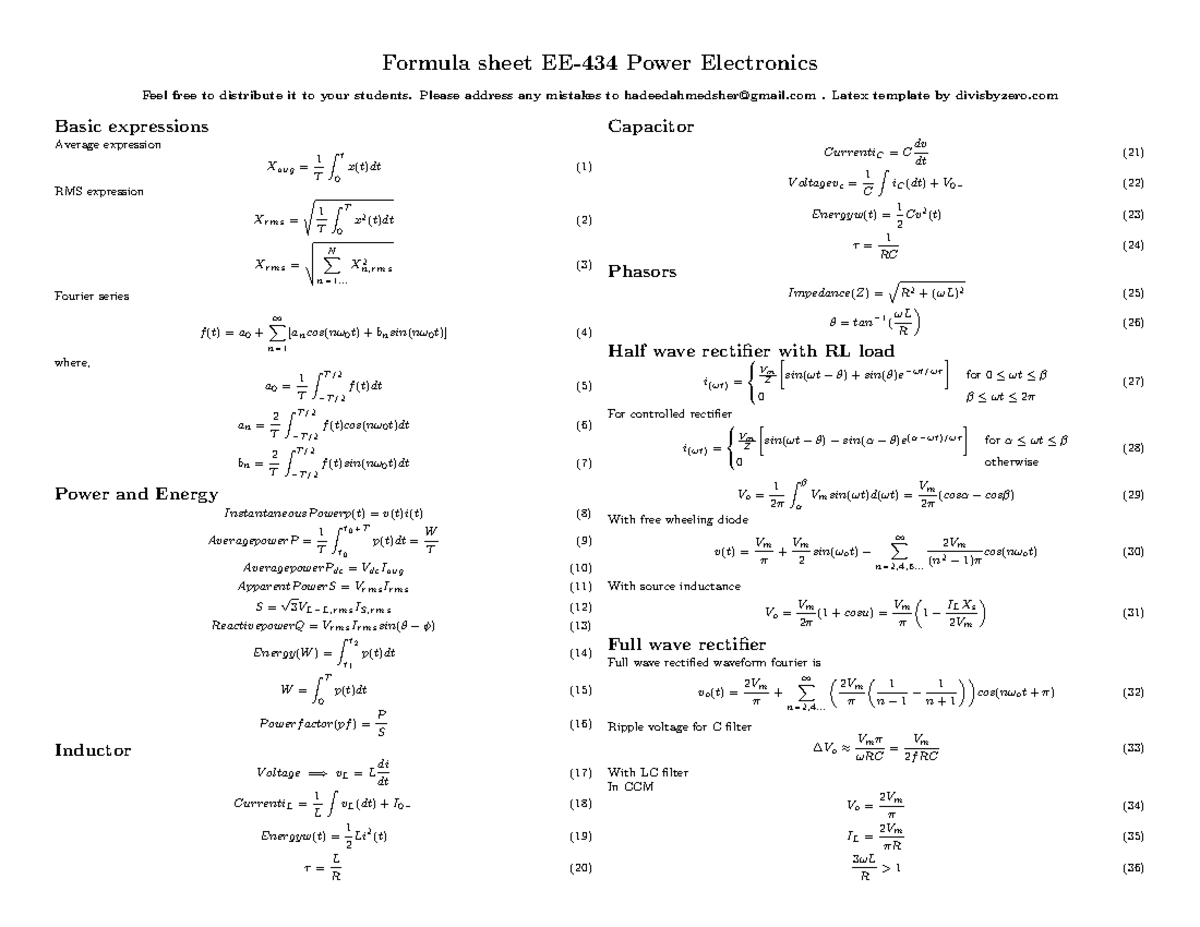 Formulaesheet 2 Notes Formula sheet EE434 Power Electronics Feel
