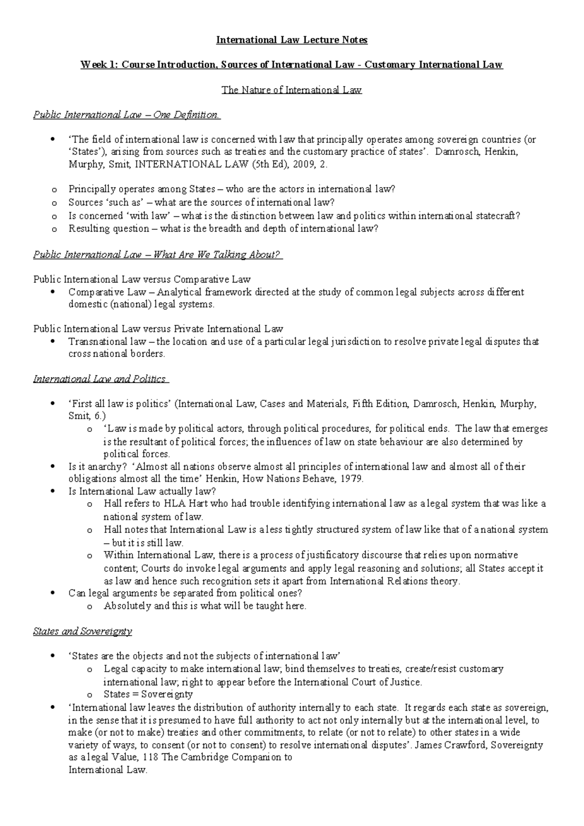 International Law Lecture Notes - ‘The field of international law is ...