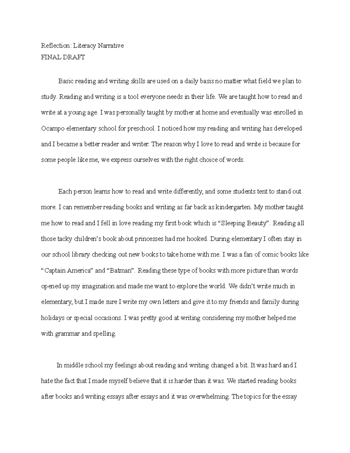 literacy reflection essay