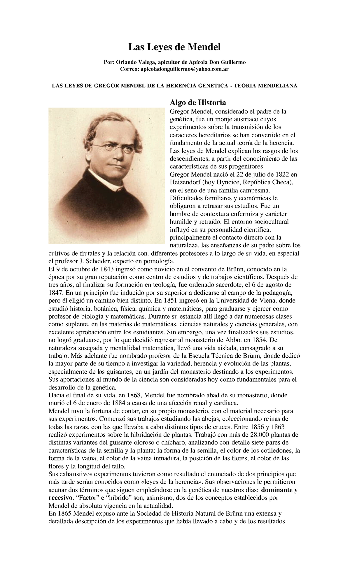 Leyes De Mendel Las Leyes De Mendel Por Orlando Valega Apicultor De Apicola Don Guillermo Studocu