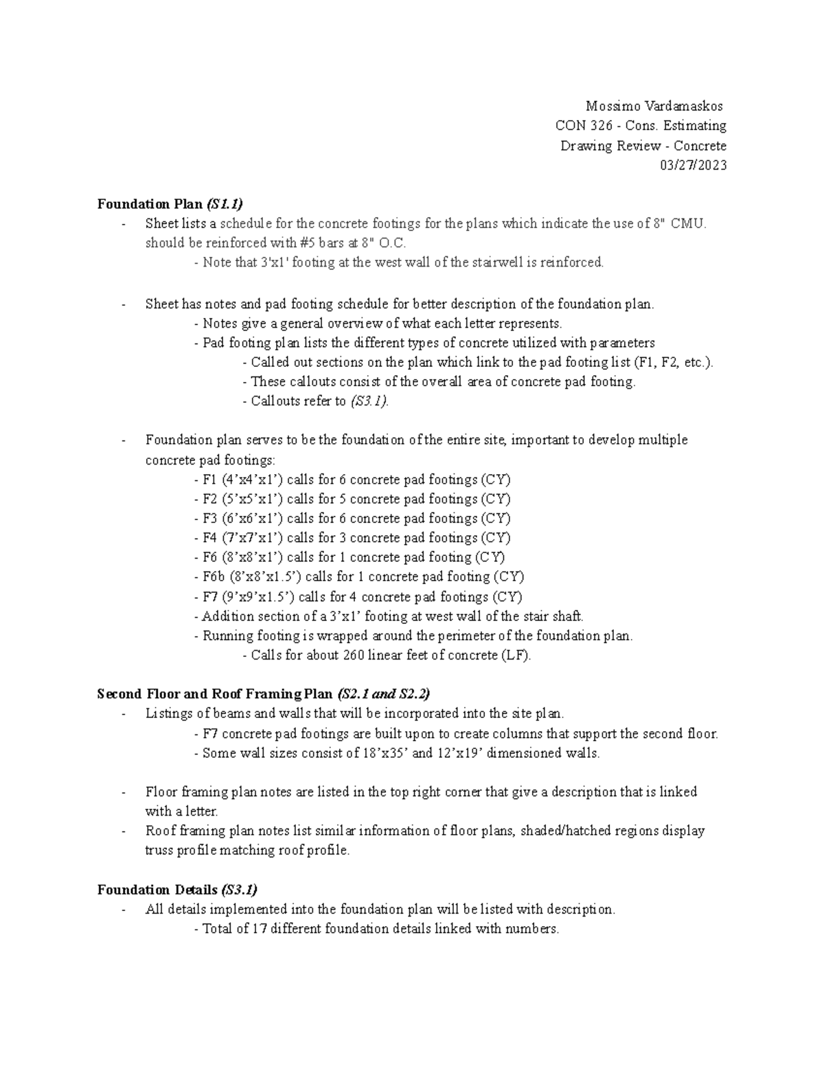 CON 326 Drawing Review Concrete Mossimo Vardamaskos CON 326