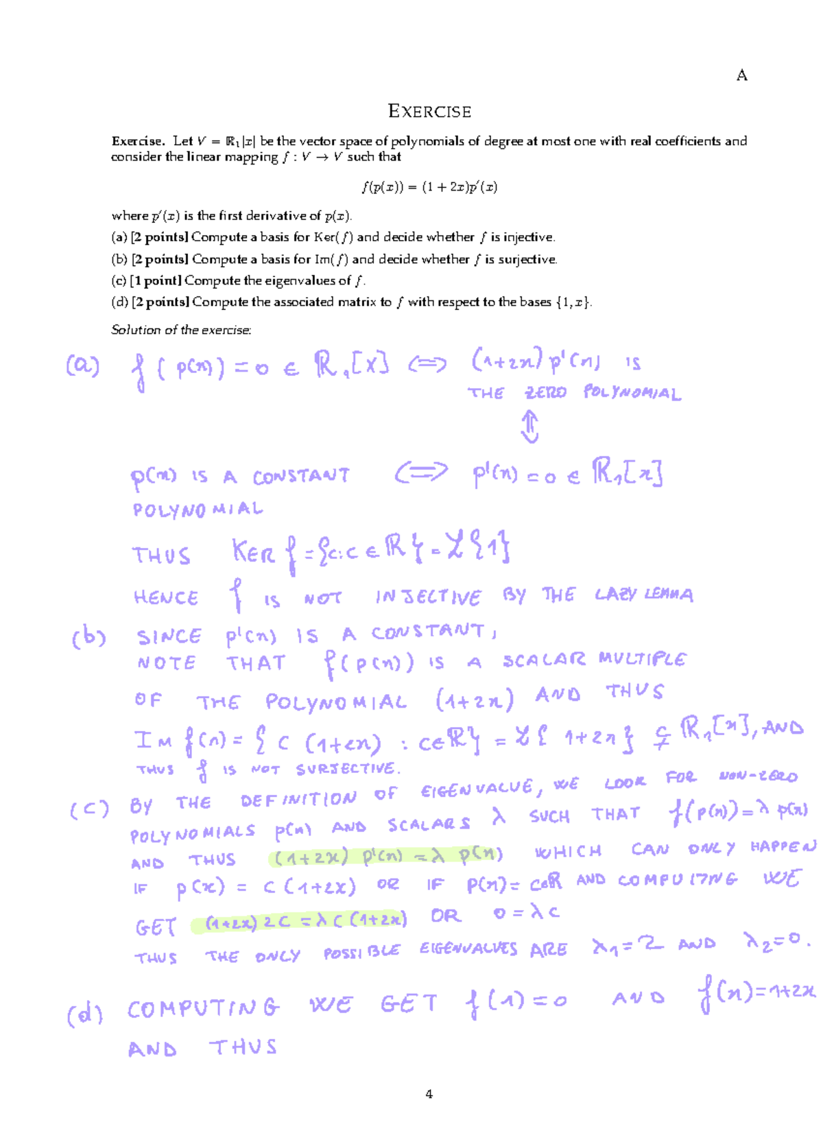 LAG sample written exam - A EXERCISE Exercise. LetV=R 1 [x]be the ...