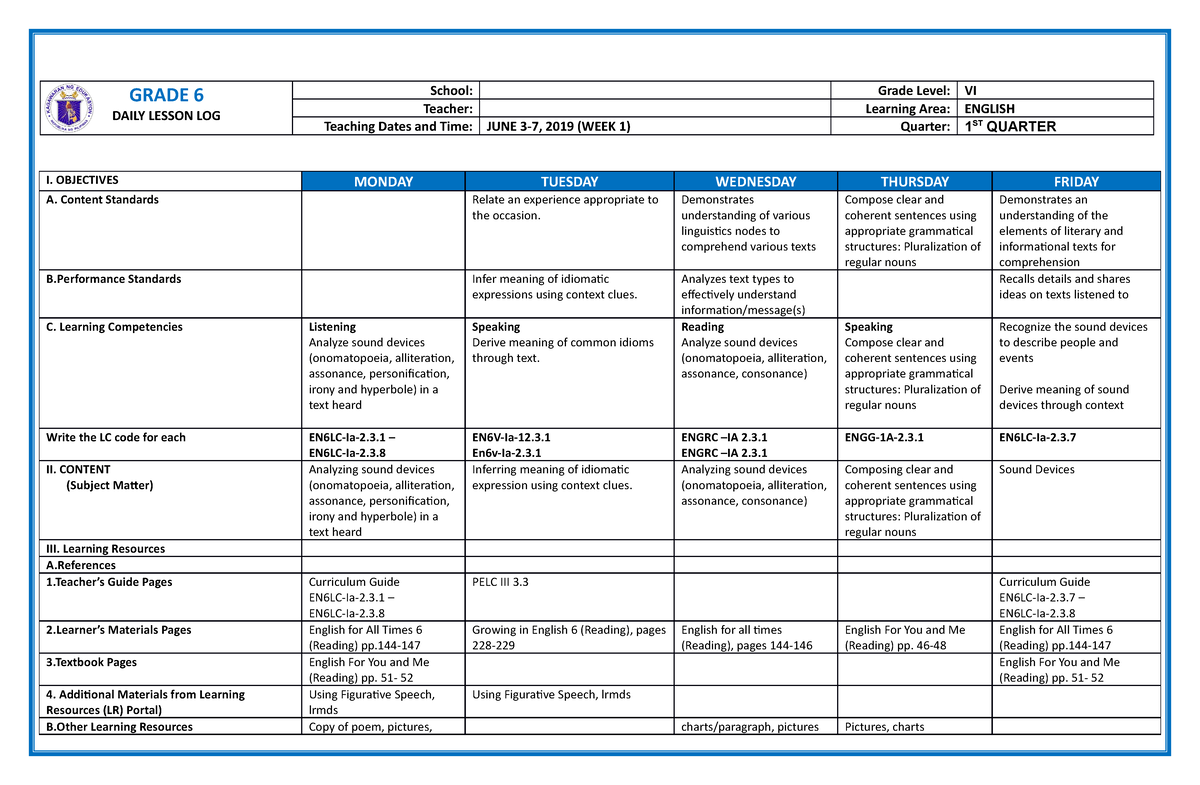 DLL G6 Q1 WEEK 1 english 6 GRADE 6 DAILY LESSON LOG School Grade