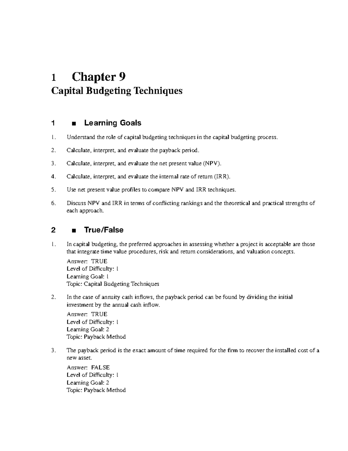 Tb09 - Textbank - 1 Chapter 9 Capital Budgeting Techniques 1 Learning ...