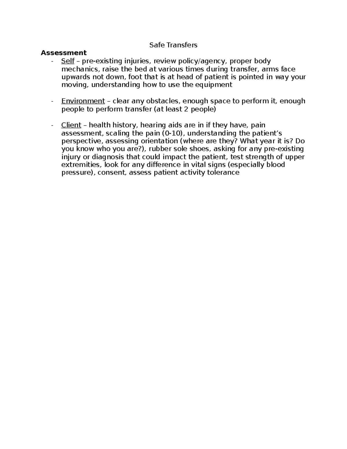 Safe Transfers - Safe Transfers Assessment Self – pre-existing injuries ...