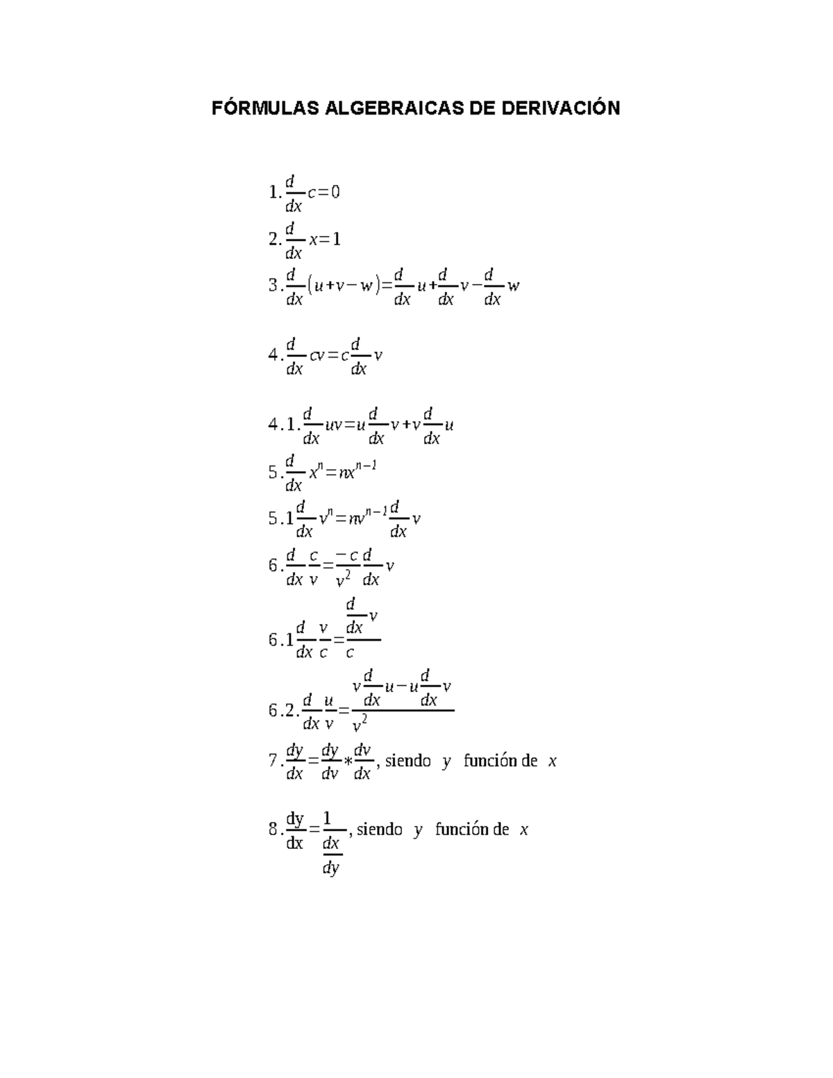 FÓ Rmulas DE DerivacióN1 - FÓRMULAS ALGEBRAICAS DE DERIVACIÓN 1. D Dx C ...