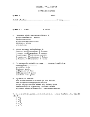 Modelo de examen de quimica para el ingreso - ESCUELA NAVAL MILITAR EXAMEN  DE INGRESO QUIMICA - Studocu