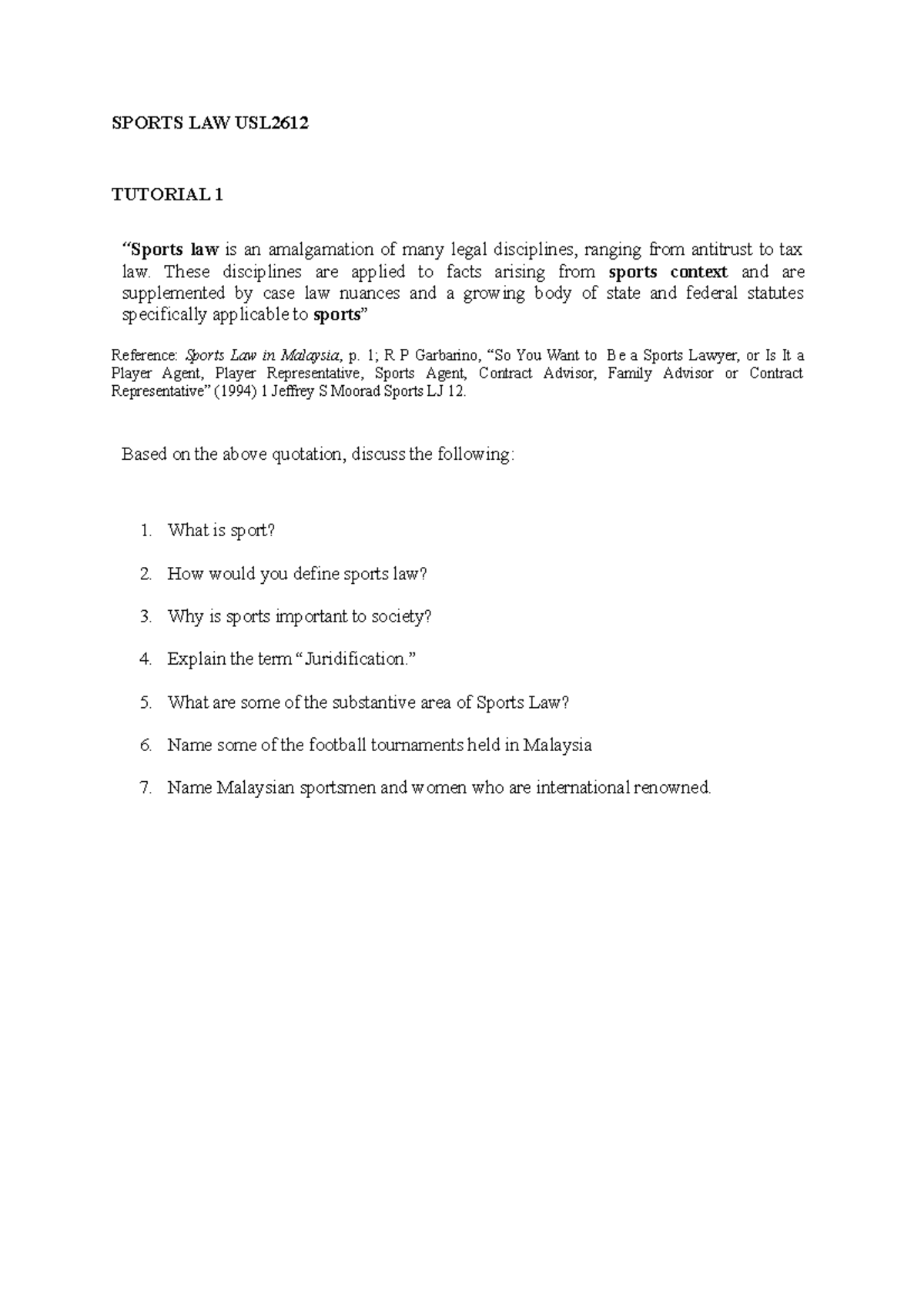 Tutorial 1 Intro - Just for reference...... - SPORTS LAW USL TUTORIAL 1 ...