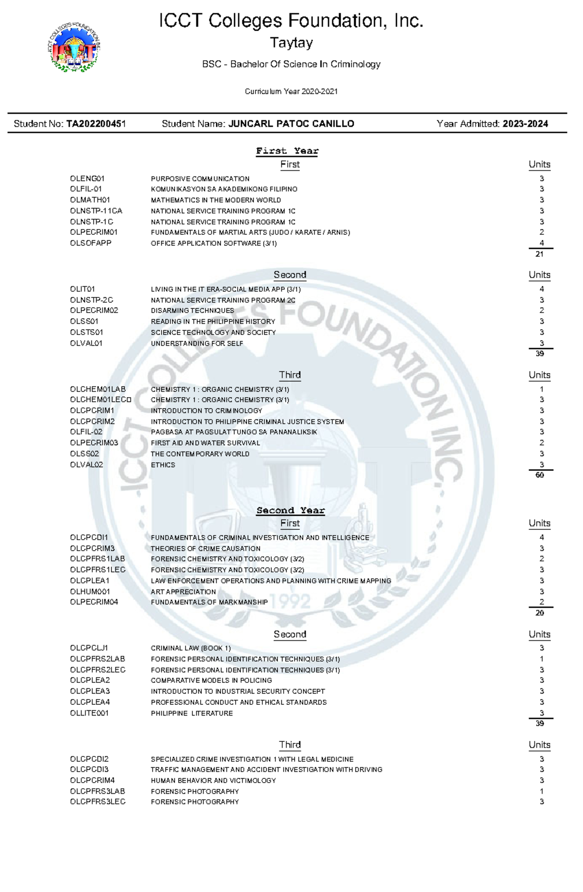 'Student Evaluation' - ICCT Colleges Foundation, Inc. Taytay First Year ...