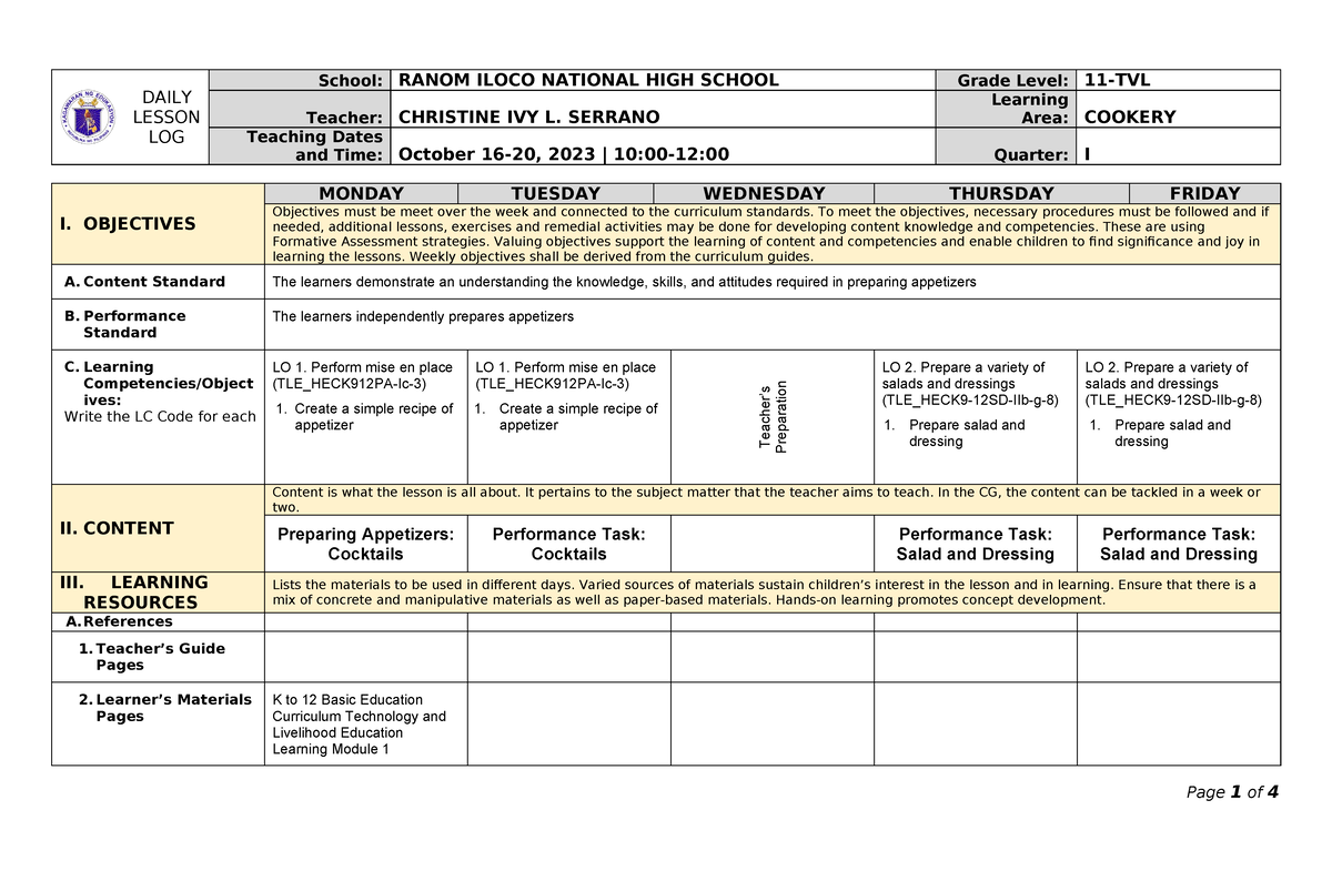 DLL Cookery 11 Quarter 1 Week 7 - DAILY LESSON LOG School: RANOM ILOCO ...