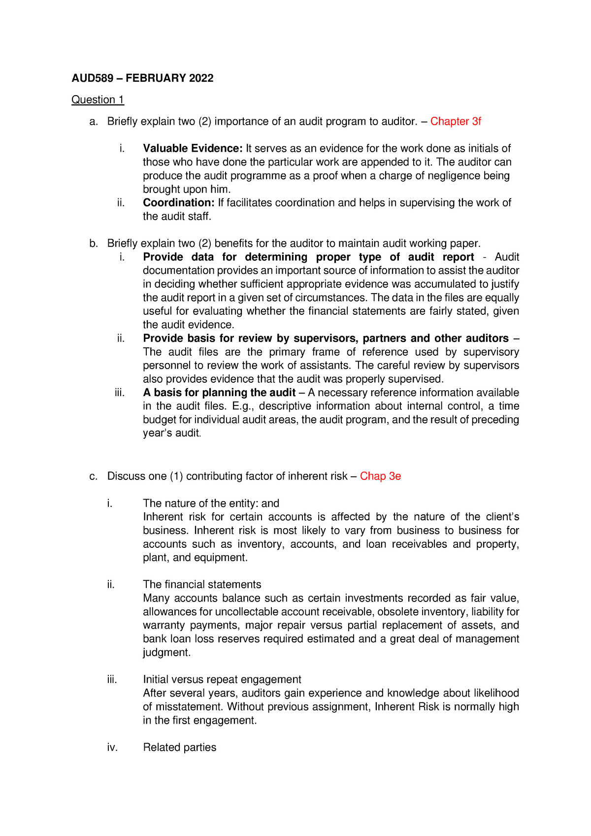 Aud589 February 2022 Qna - Aud589 – February 2022 Question 1 A. Briefly 