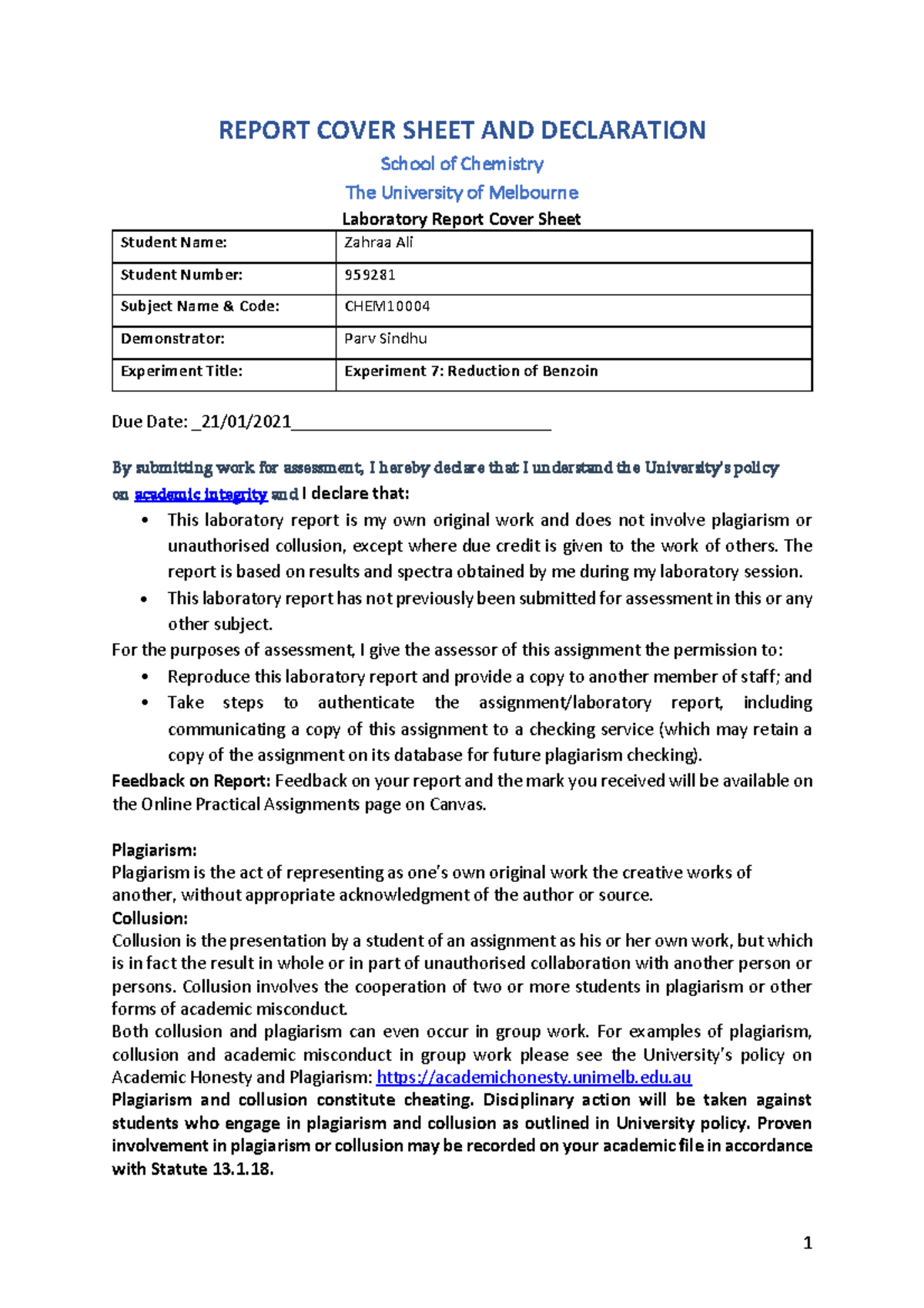 E7 Lab Report 2021 - REPORT COVER SHEET AND DECLARATION School Of ...