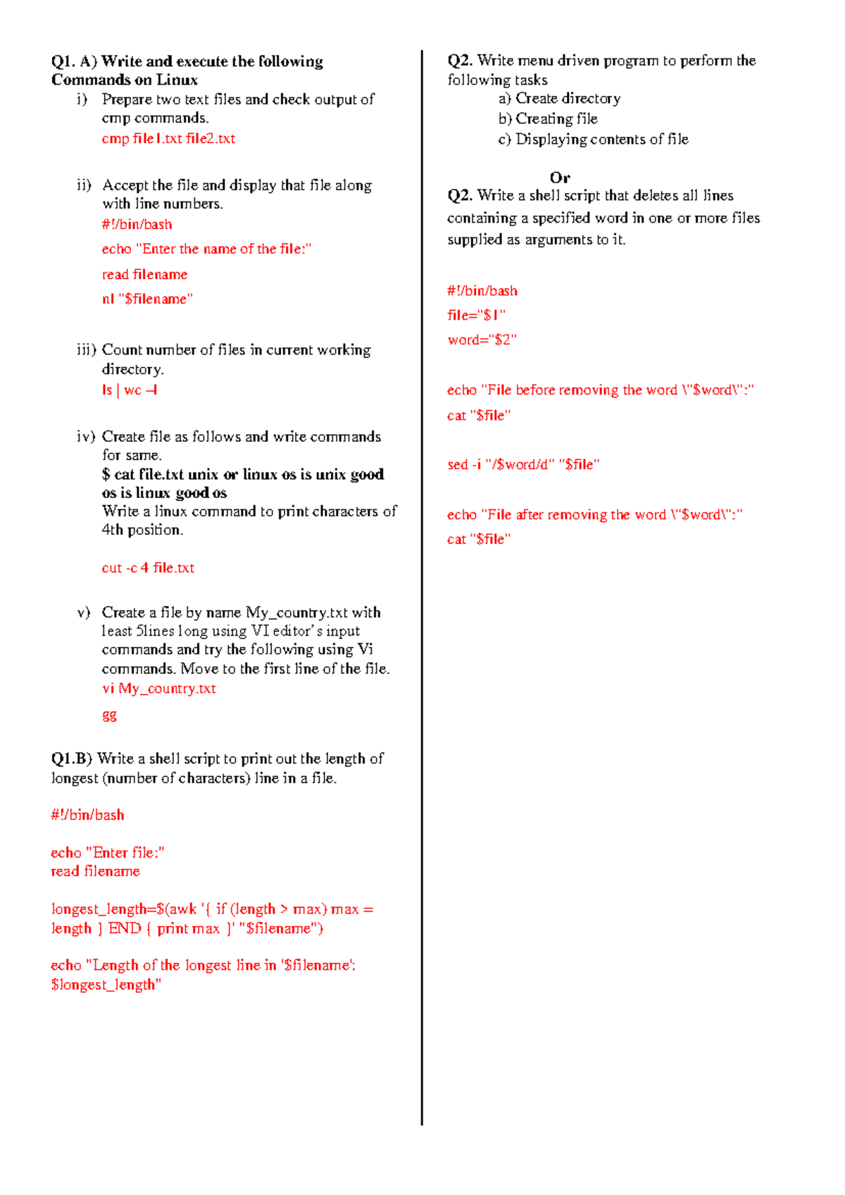 Slip26 - os slips - Q1. A) Write and execute the following Commands on ...