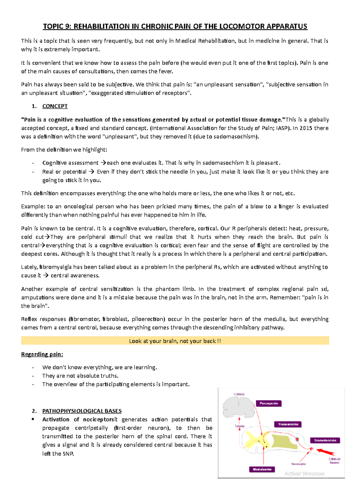 Unit 9 - Lecture notes 9 - TOPIC 9: REHABILITATION IN CHRONIC PAIN OF ...