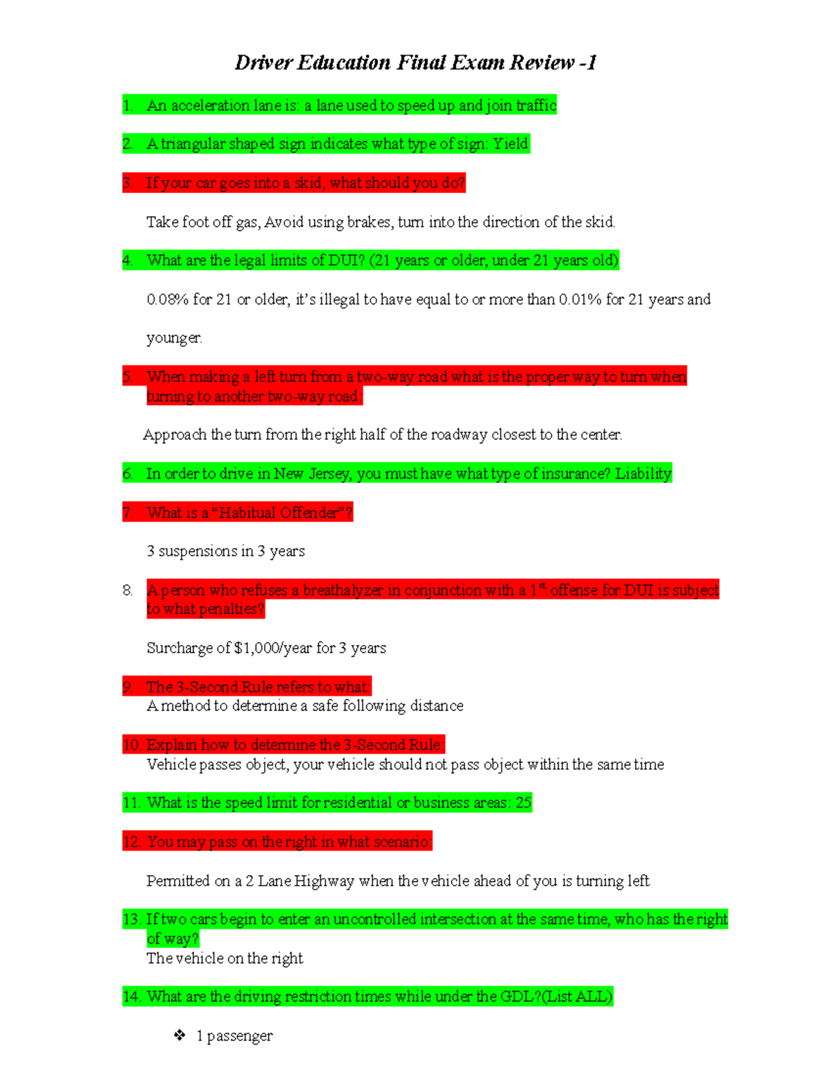 - Exam Review Part 2 - exam from drivers ed studying - Driver Education ...
