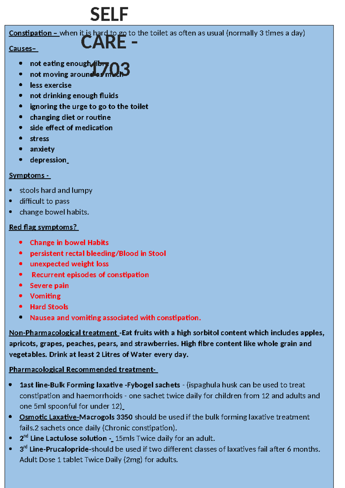 1703 SELF CARE Notes - Constipation – when it is hard to go to the ...